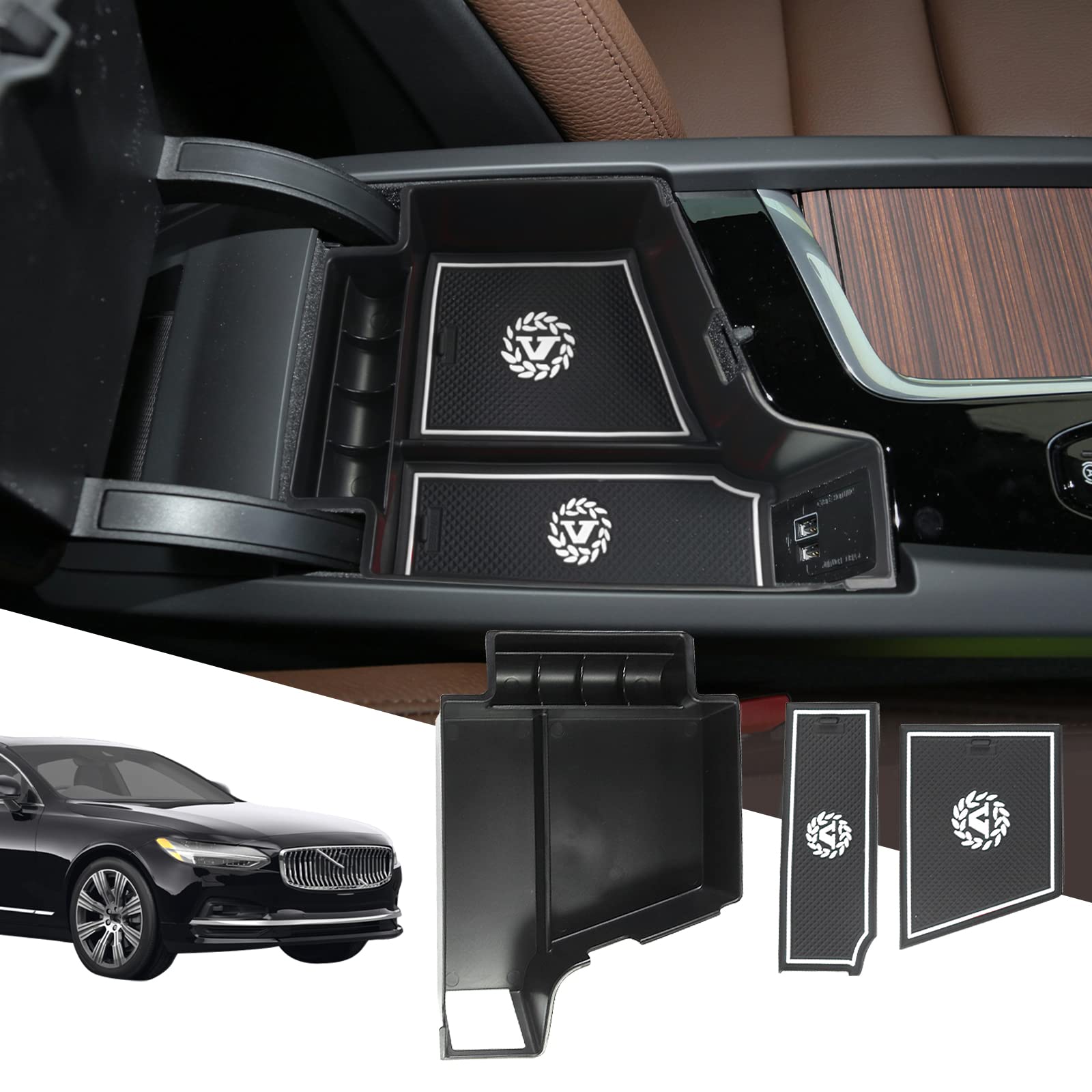 【送料無料】SXCY ボルボ XC60 UB420XC XC90 S90 V90 S60 V60 コンソールボックス アームレストボックス ボックストレイ 小物入れ 内装パーツ 滑り止め設計 内蔵型 取付簡単 収納ボックス カスタムパーツ コインケース ラバマット付き (白)