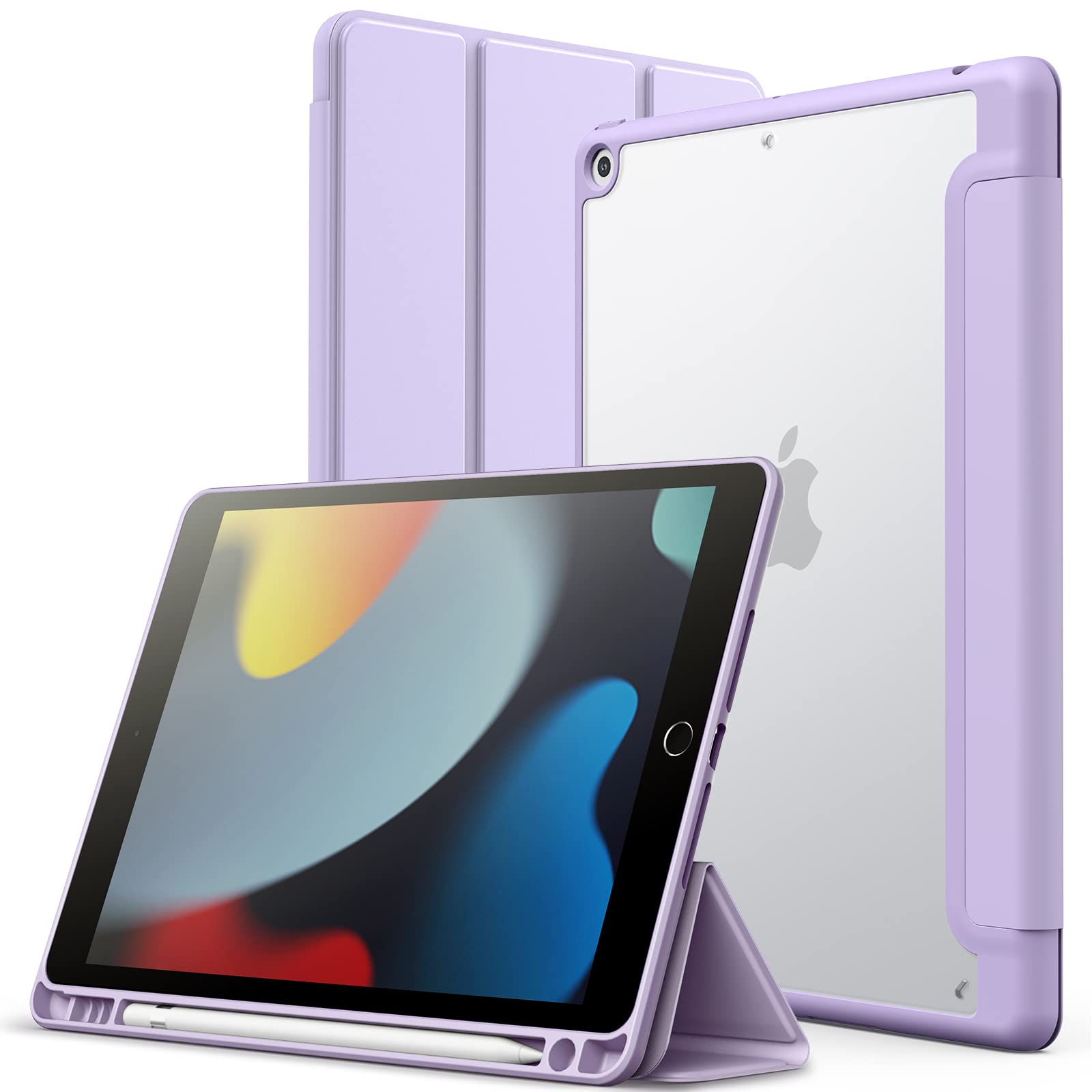 【送料無料】JETech iPad 9/8/7 マットケース（10.2インチ、 2021/2020/2019モデル、 第9/8/7世代用）Pencilホルダー つや消しの半透明の背面 薄型 スタンド 保護 タブレットカバー (ライトパープル)