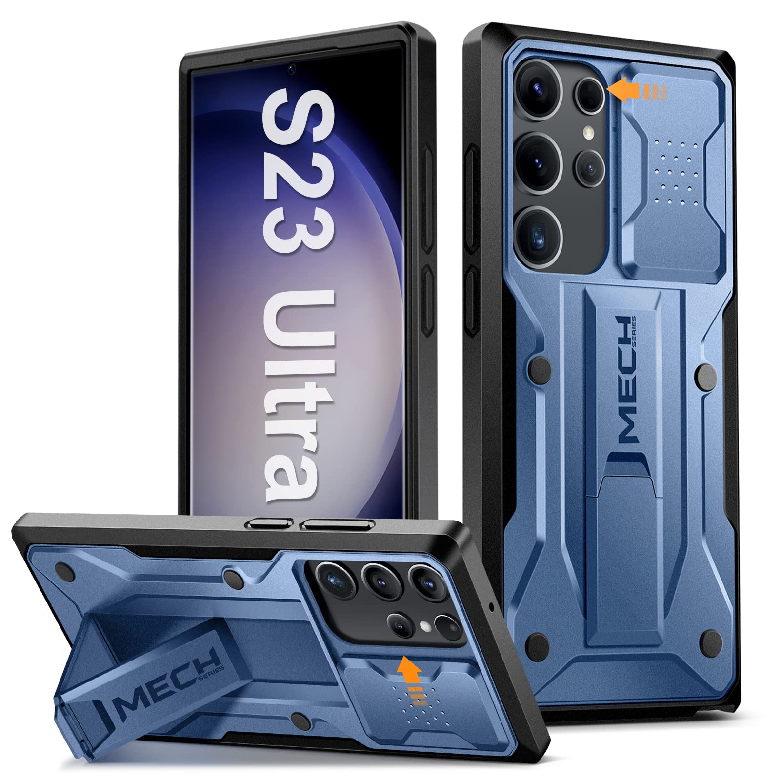 【送料無料】Tongate Samsung Galaxy S23 Ultra用ケース、スライド式カメラカバー＆キックスタンド付き、【10フィートのミリタリードロップ保護】頑丈な衝撃吸収S23 Ultra 5G 6.8インチ用のタフな防水ケース、ブルー