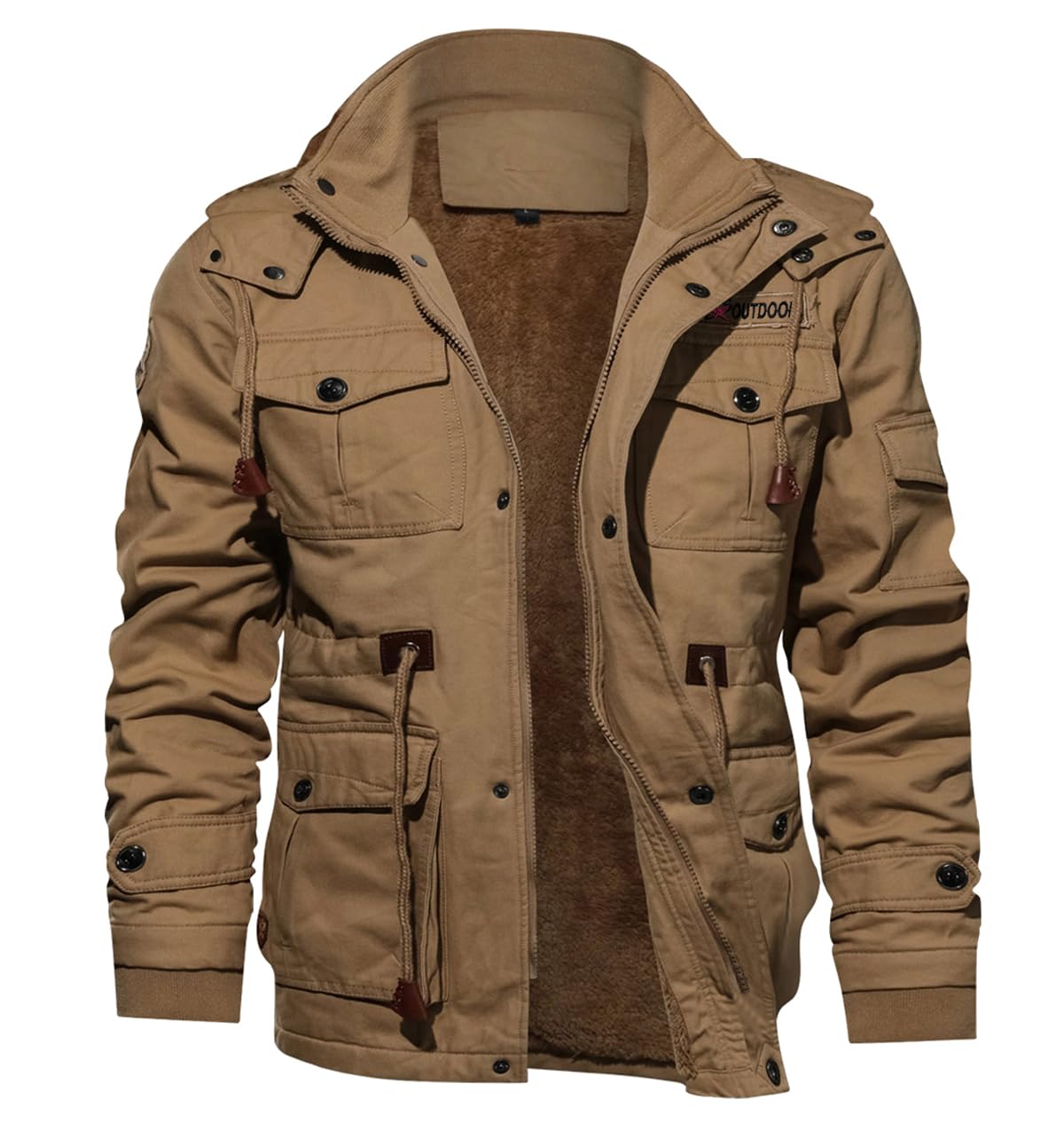 【送料無料】[KEFITEVD] 裏ボアジャケット メンズ 作業着 防寒着 冬物 アウター 無地 フード付き ミリタリージャケット 厚手 アーミー カジュアル ジャンパー アウトドア マルチポケット カーキ JP 2XL