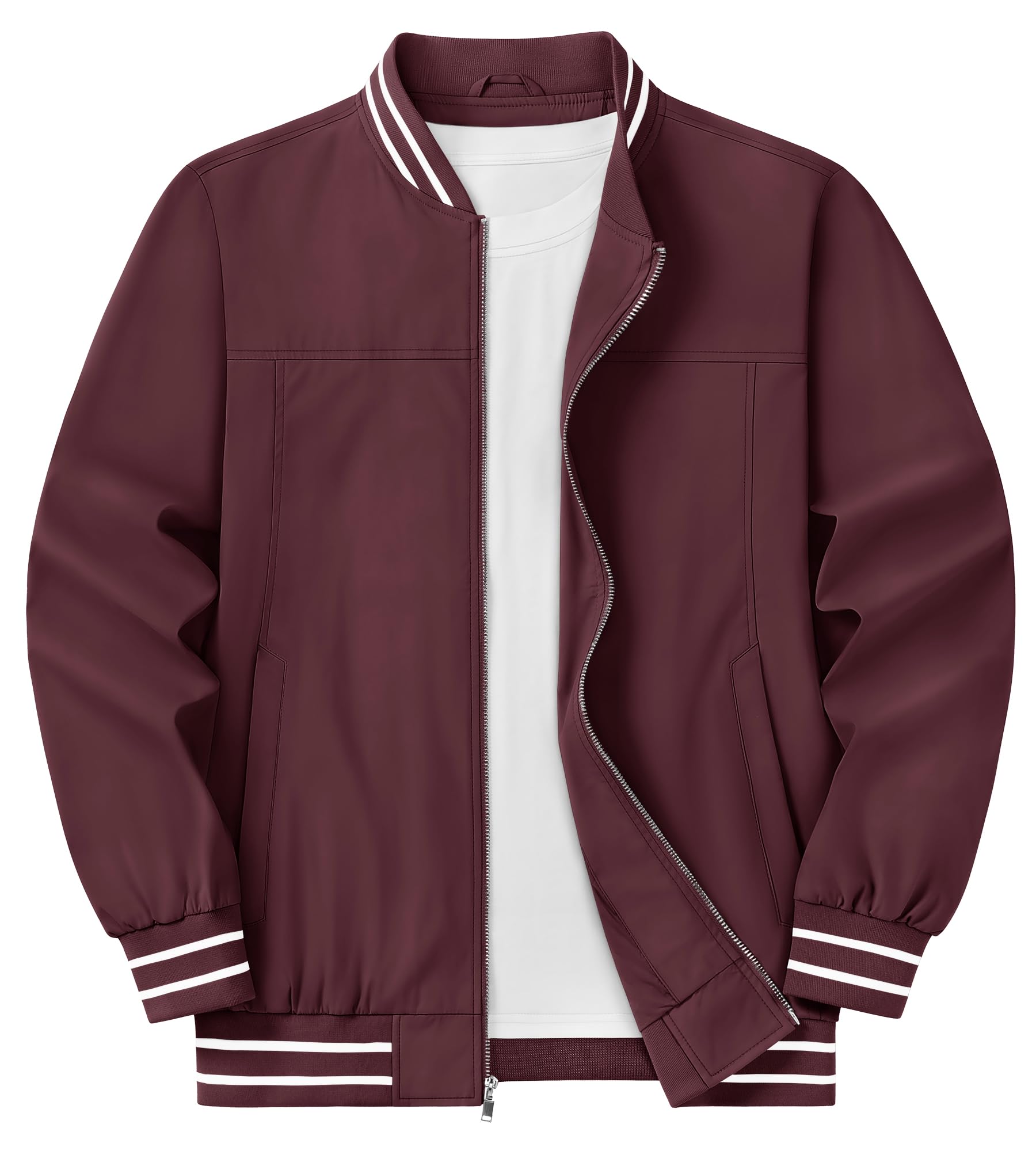 【送料無料】[KEFITEVD] 秋服 メンズ アウター 薄手 スタジャン 赤 無地 ブルゾン ゴルフ ジャンパー 登山 ボンバージャケット アウトドア ジャケット 通勤 ワインレッド 3XL