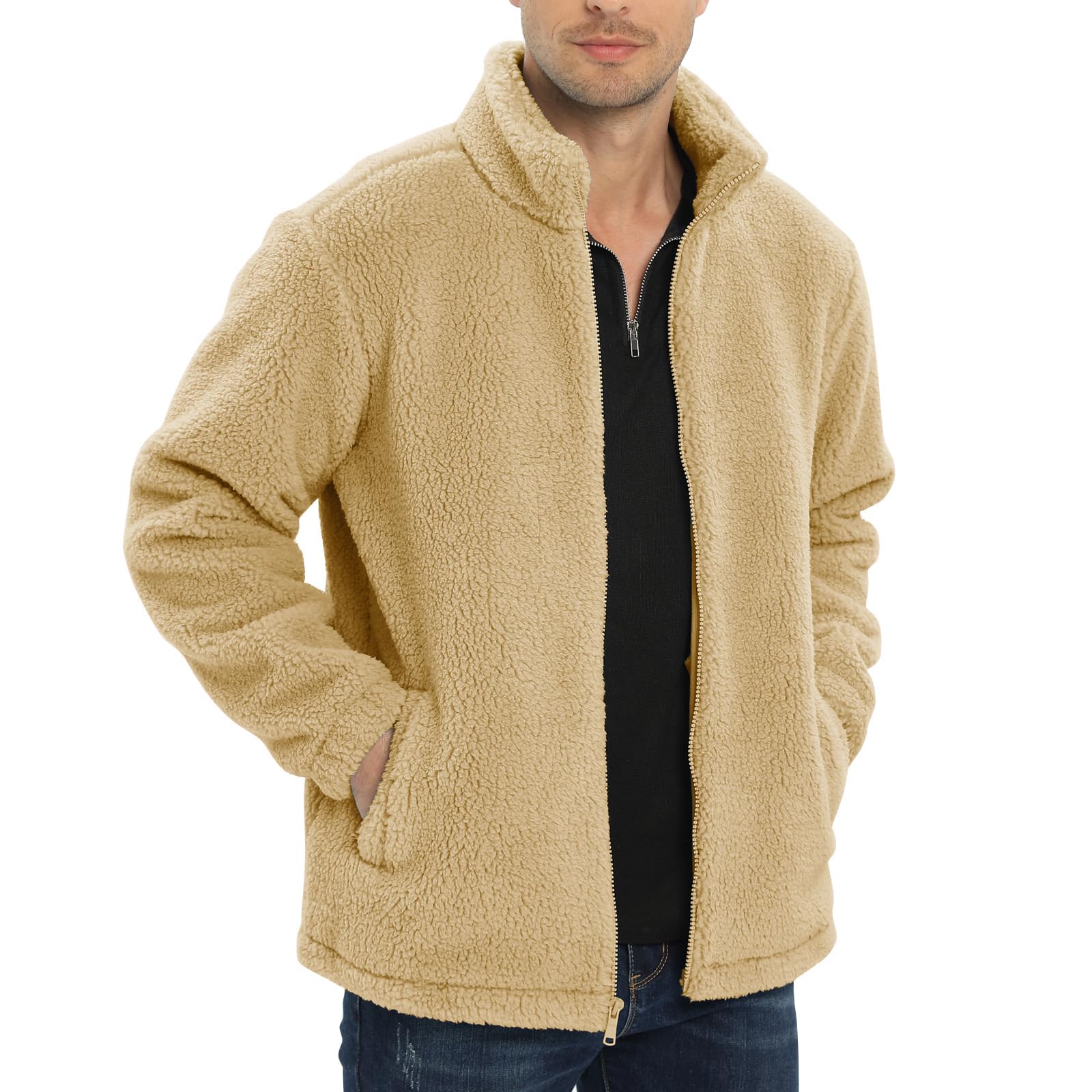 【送料無料】[KEFITEVD] ボアフリースジャケット メンズ 防寒 防風 ジャケット 冬用 ボアブルゾン 保温 無地 アウター フリース 厚手 ジャンパー おしゃれ 普段着 アメカジ 春秋 カーキ XL