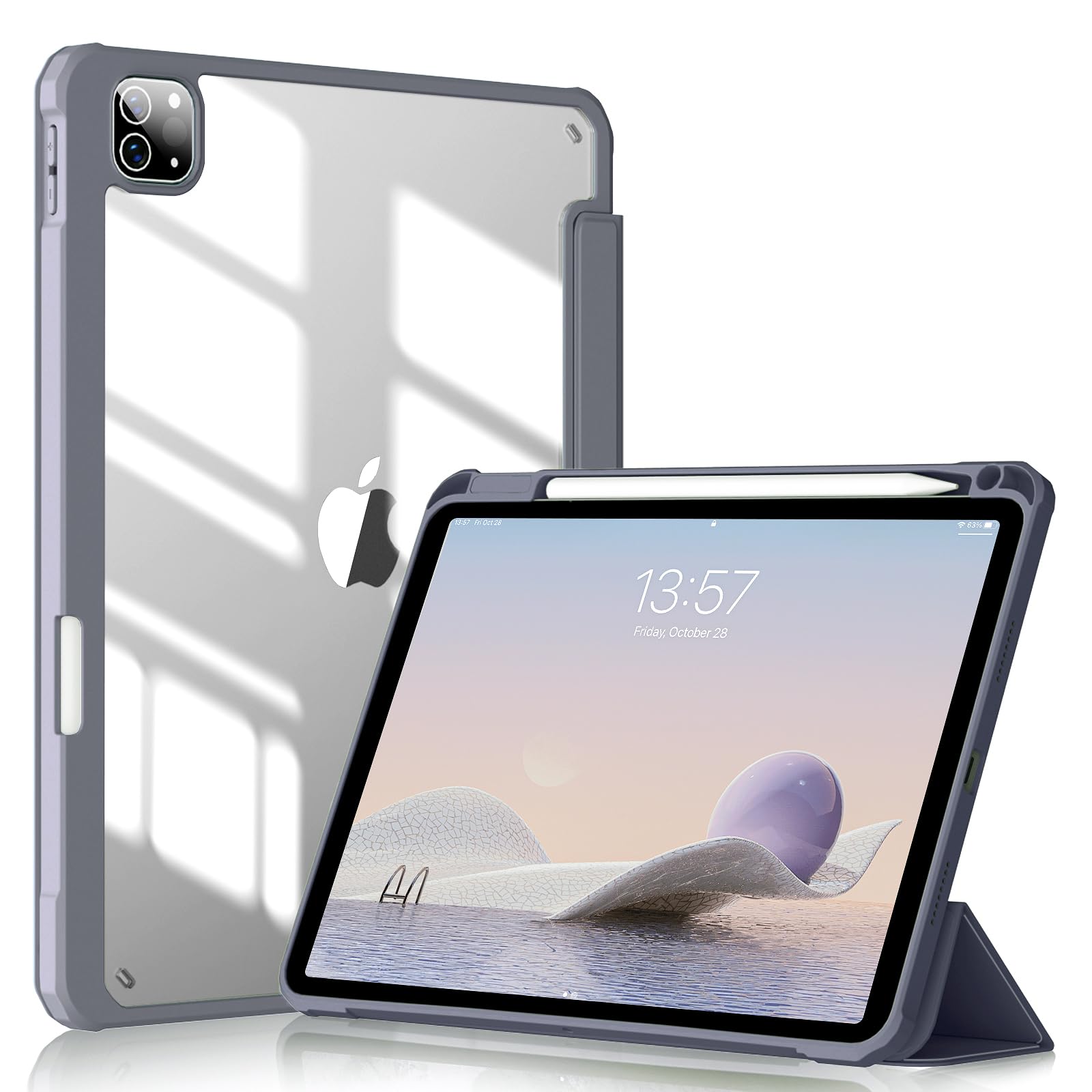 【送料無料】KenKe iPad Pro 11 ケース 2022/ 2021/ 2020 透明バックカバー 軽量 薄型 傷つけ防止 PU合成レザー Apple Pencil 収納可能 Apple Pencil 2 ワイヤレス充電対応 三つ折スタンド スリープ機能 iPad Pro 11インチ ケース 第4/3/2世代対応 (ブルーグレー)