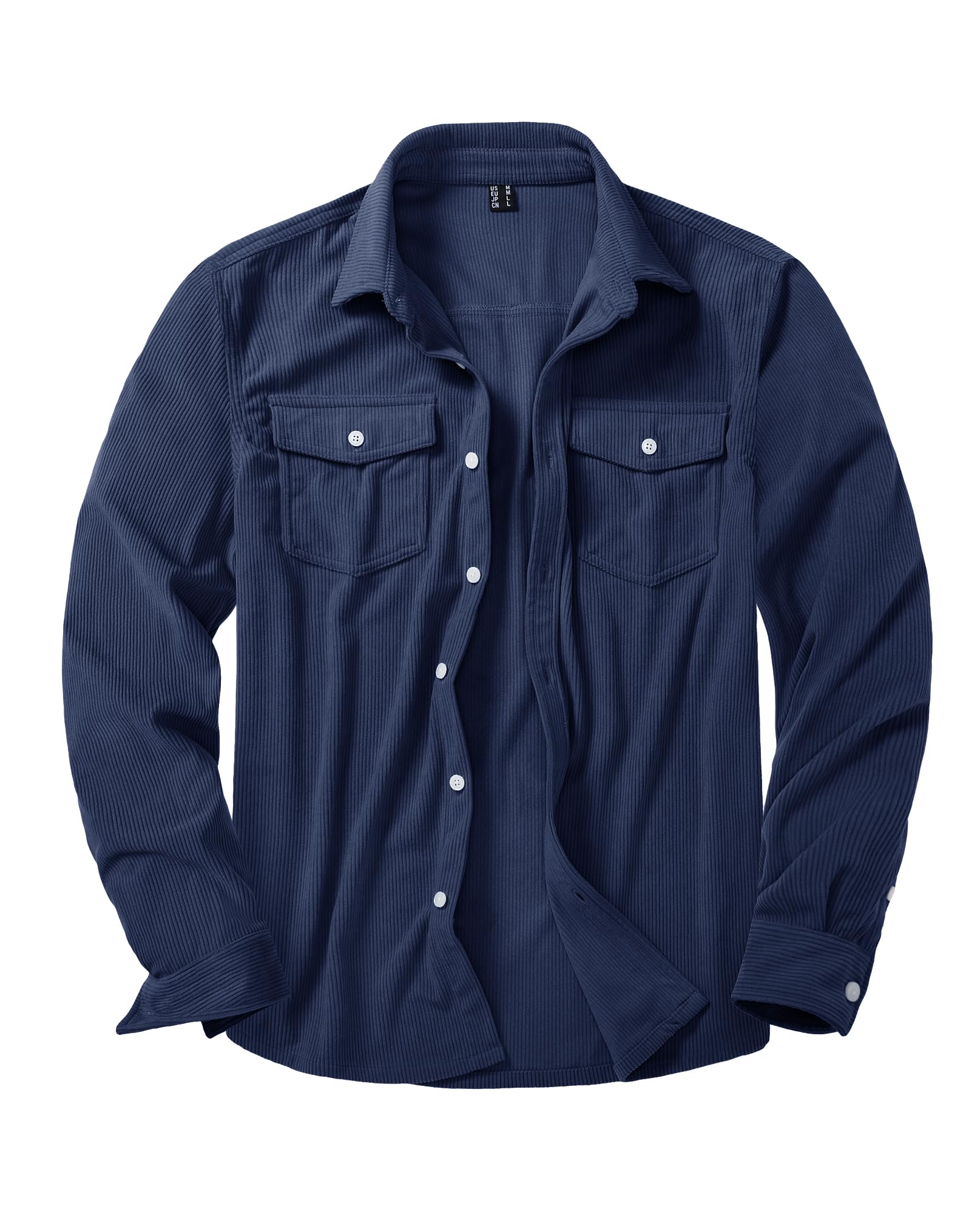 【送料無料】[KEFITEVD] シャツジャケット メンズ コーデュロイシャツ 厚手 作業服 長袖 無地 カーゴシャツ アウター 秋 トップス カジュアル 上着 シャツ 折り襟 防寒 ネイビー 2XL