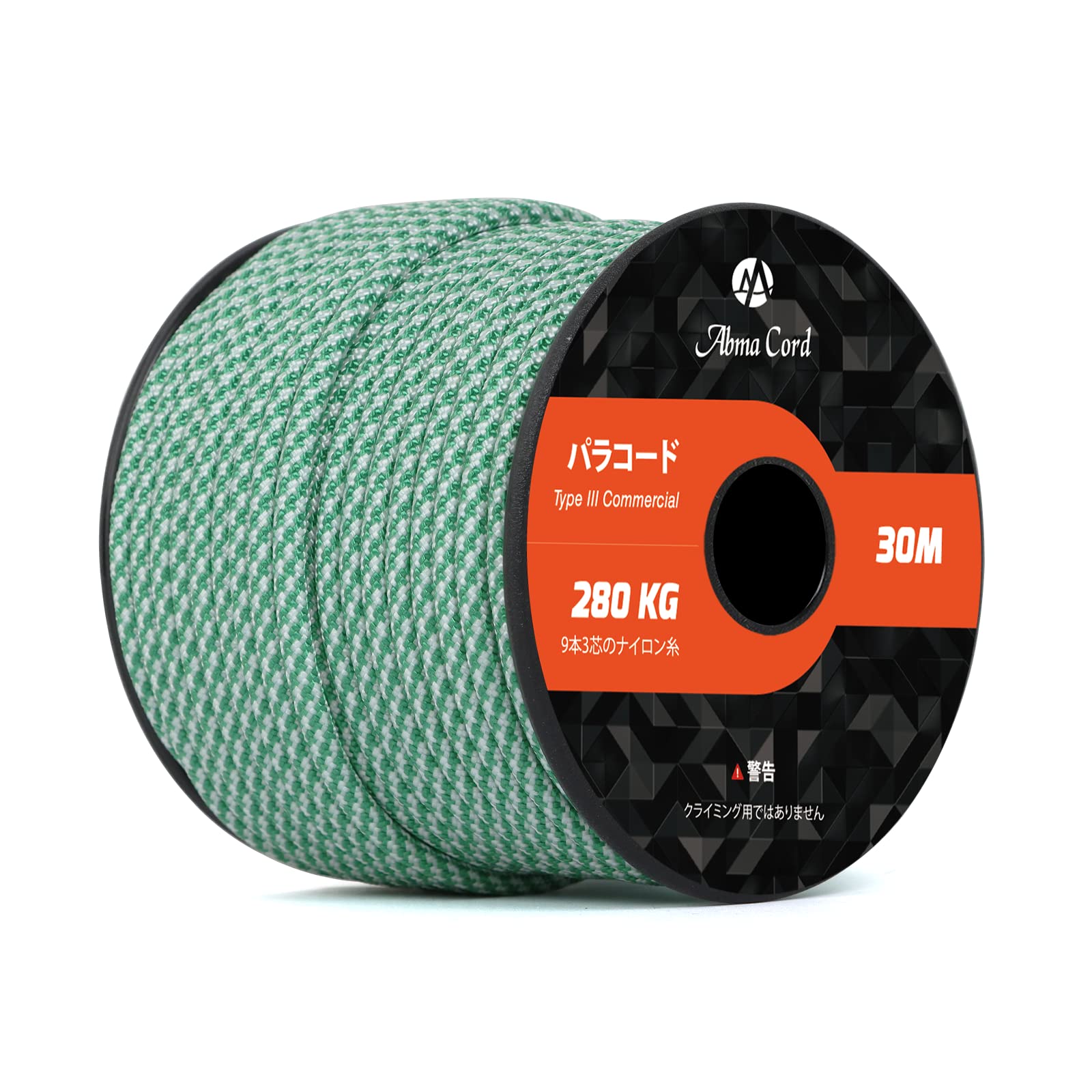 【送料無料】Abma Cord パラコード 4mm 9芯 パラシュートコード ガイロープ 耐荷重280kg テントロープ サバイバル アクセサリー制作用（30m/スパイラル # グリーン & ホワイト）