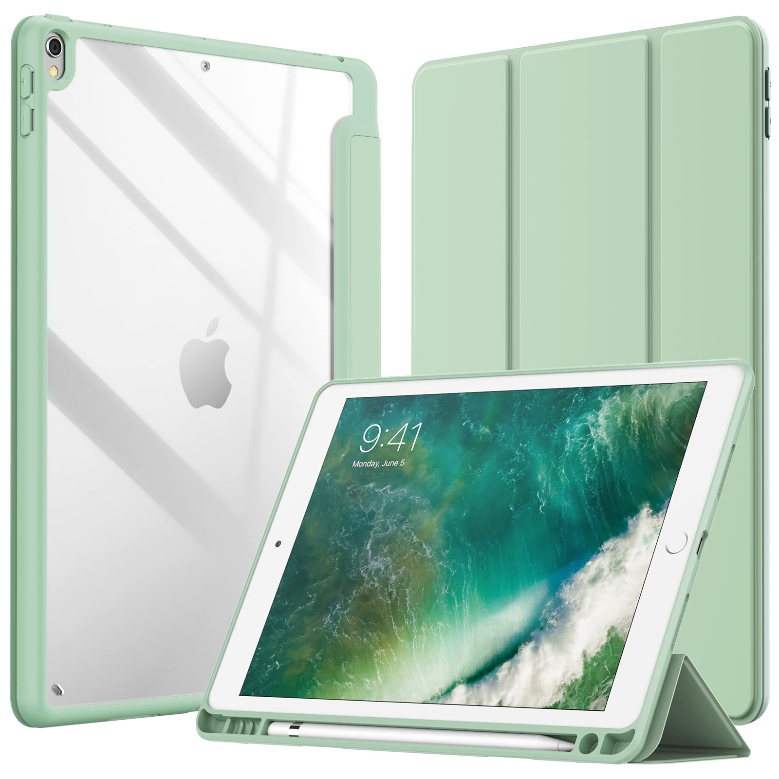 【送料無料】JETech iPad Air 3 (10.5 インチ 2019, 第3世代)とiPad Pro 10.5 ケース Pencil収納可能 透明バックカバー 薄型 スタンド 衝撃吸収 タブレットカバー オートウェイク/スリープ機能 (抹茶グリーン)