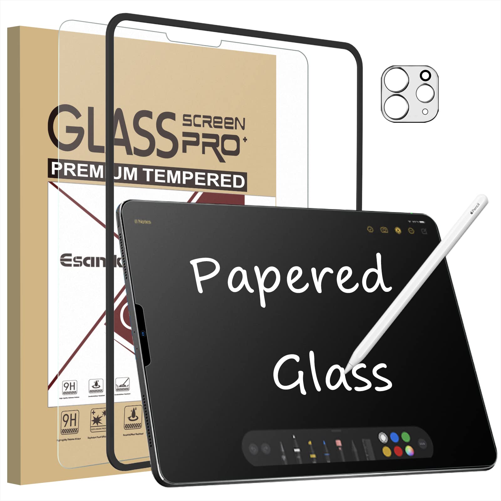 【送料無料】Esanik iPad Pro 12.9 (2022 第6世代 / 2021 第5世代 / 2020 第4世代 / 2018 第3世代) 用 保護フィルム 紙のような描き心地 イラスト用 ザラザラ感 耐衝撃 9H硬度 反射防止 指紋防止 カメラレンズフィルム付き ガイド枠付き 紙感覚 アンチグレア 強化ガラス