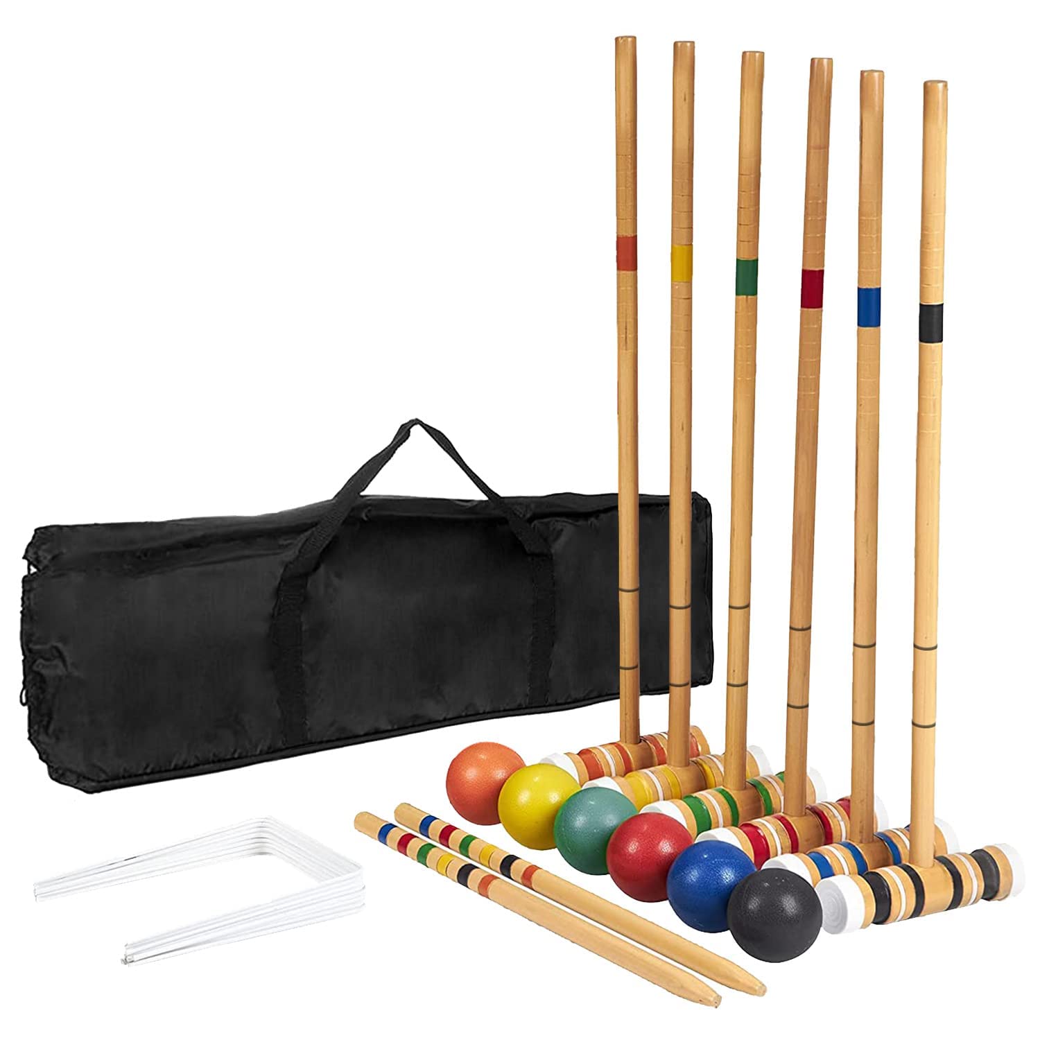 【送料無料】aleawol 子供初心者 ゲートボール スティック ヘッド ケースセット 木製 6人用クロケットセット マレット、カラーボール、ウィケット、ステー...