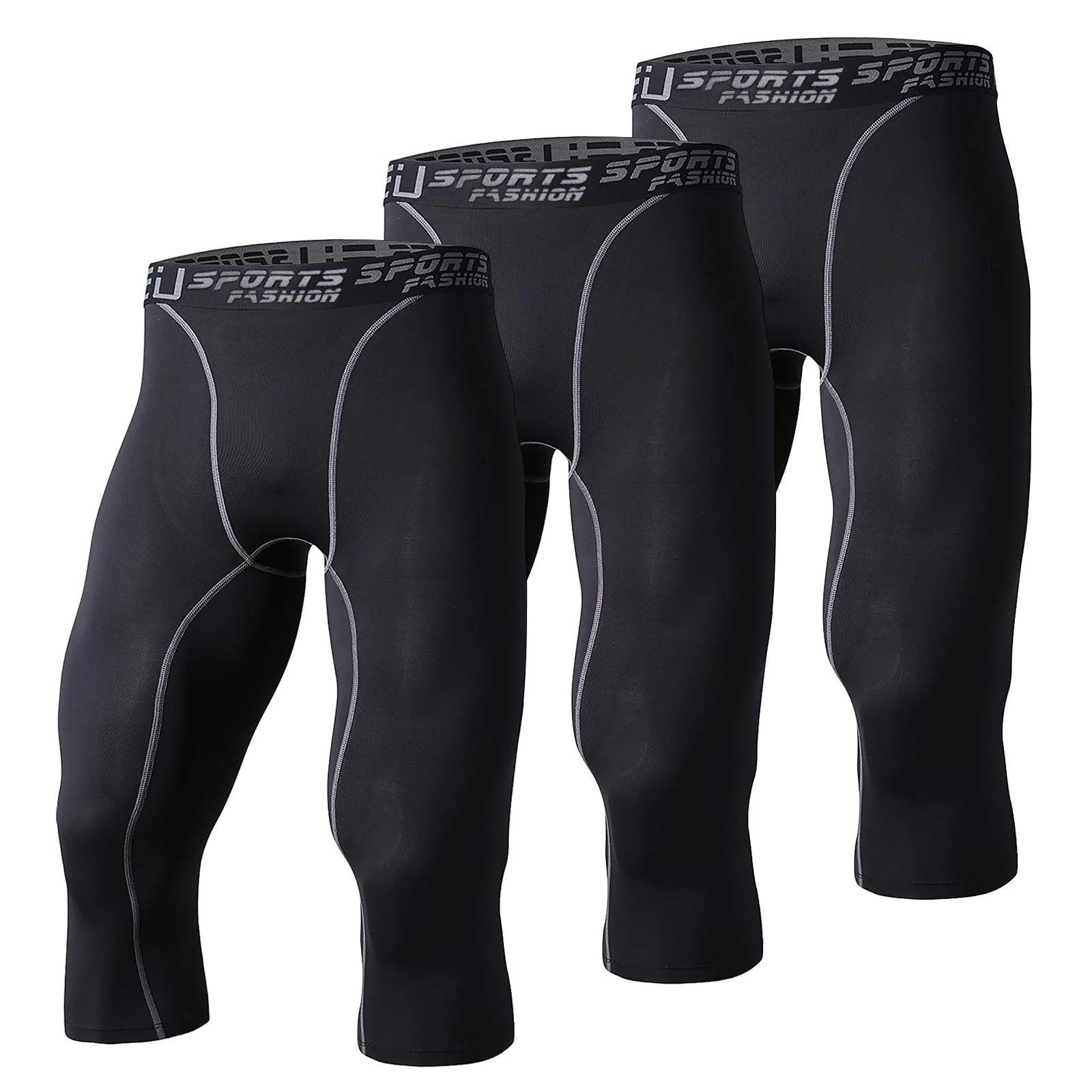 【送料無料】[Sillictor] スポーツ スパッツ メンズ パワーストレッチ 7分丈 アンダーウェア コンプレッション タイツ [UVカット + 吸汗速乾] ブラック 3327blk*3-L