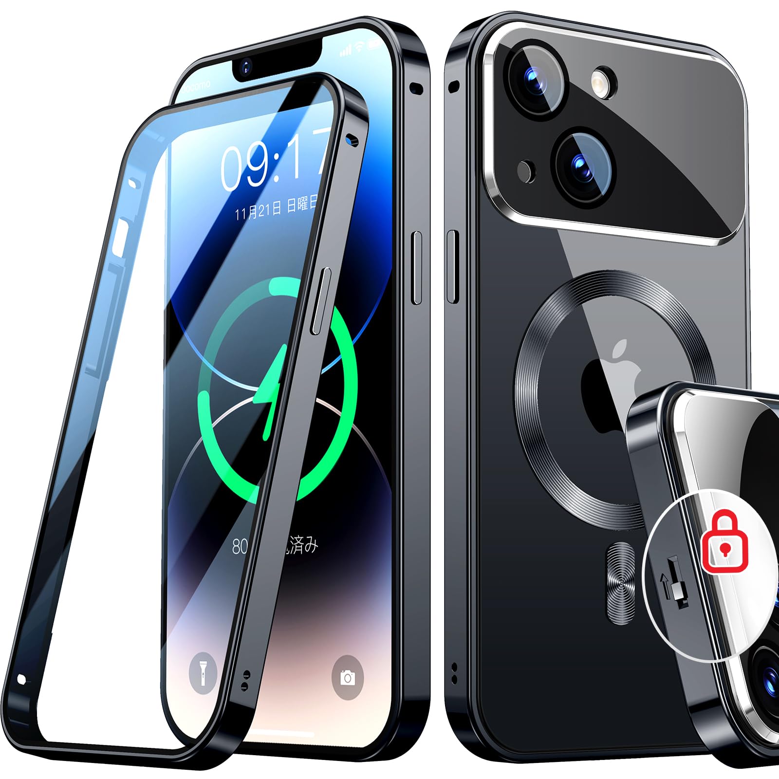 【送料無料】Rosycover【新次元の一体型レンズ・メカニカルロック】iPhone 14 用の ケース Mag-safe対応 [360°全面保護・両面強化ガラス][本体の色・CD Mag-safeリング]マグセーフ ワイヤレス充電対応 ストラップホール付き アルミ合金バンパース アイホン14 金属 ケー