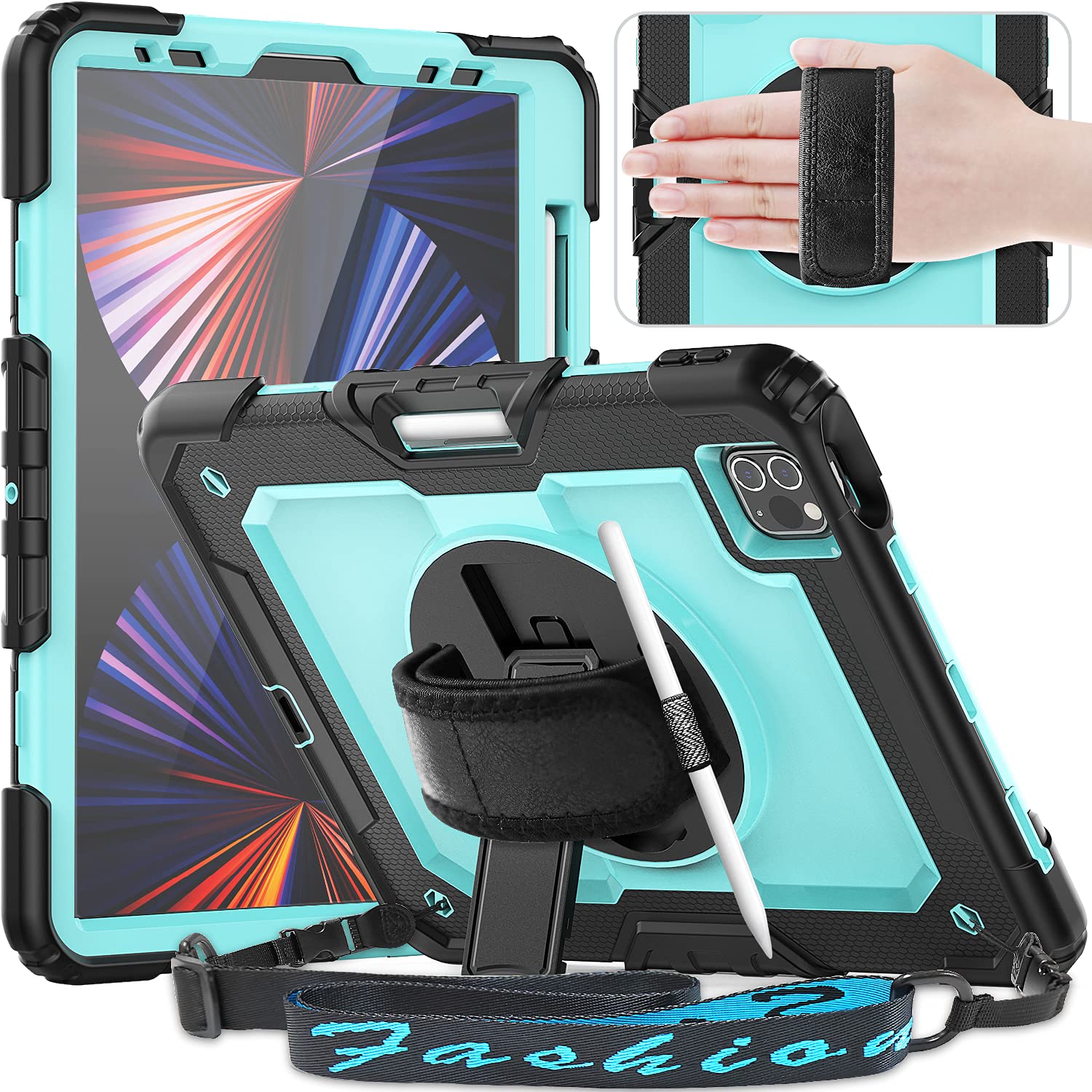 【送料無料】Timecity iPad Pro 11インチ ケース 第4/ 3/ 2/ 1世代 シリコン製 落下保護 キズ防止 保護フィルム ハンド&ショルダーストラップ 360度回転スタンド付き 角度調整 横置き・縦置き 肩掛け 首掛け ワイヤレス充電対応 多機能 防塵 仕事 工事 現場 衝撃吸収 子