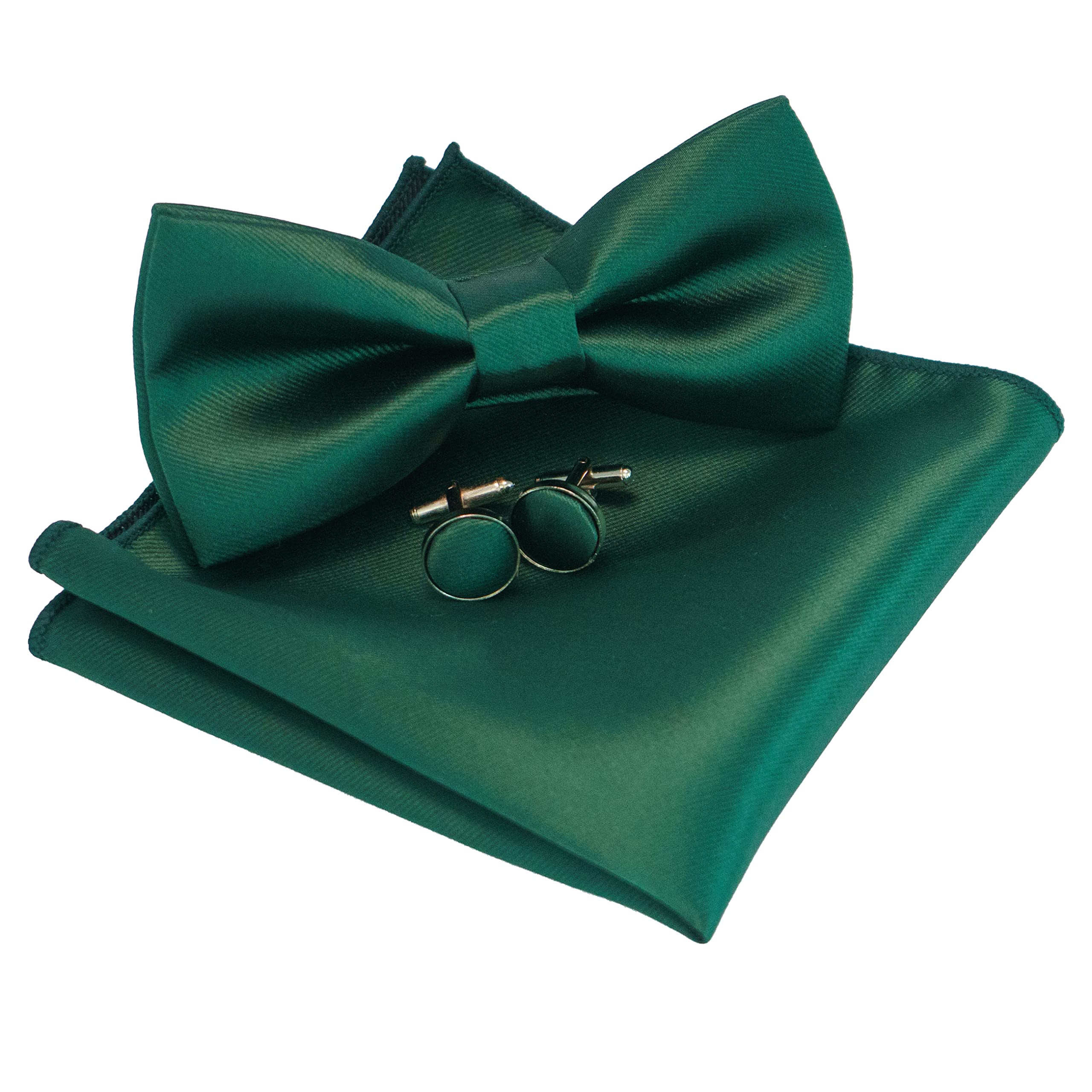 【送料無料】[JEMYGINS] 無地蝶ネクタイとポケットチーフ カフスボタン付き メンズ 濃い緑色