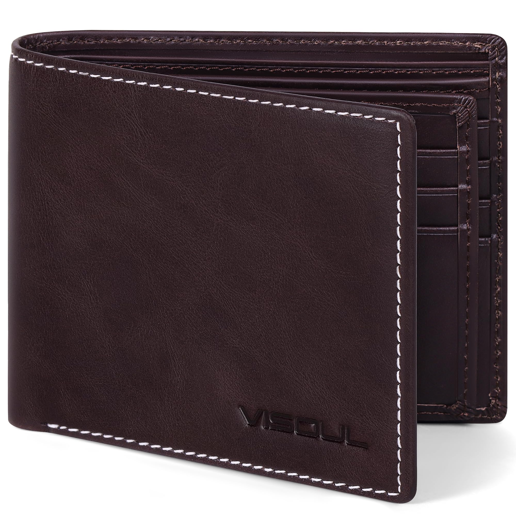 【送料無料】[VISOUL] 2つ折り 財布 メンズ 本革 15枚カード収納 一流の革職人が作る コンパクト 財布 二つ折り たくさんカードが入る財布 札入れ 免許証入れ 大容量 牛革 財布 メンズ 2つ折り 小銭入れなし 人気 多色入 チョコレート
