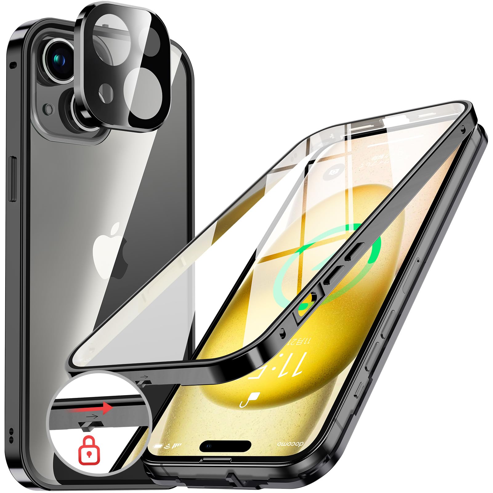 商品情報商品の説明主な仕様 【ロック機能付き・1秒で取り付け・一体型レンズ保護付き】革新的な技術、このiPhone15 両面ケースは上部にスライドボタン式のロックがあり、前後のケースをしっかり固定します。上部のボタンを押すだけで、ロックの解除も簡単、取り付けで開く非常に便利です。こちらのあいふぉん15ケースであなたの大切なスマホを守ってあげてください！このiPhone15 ケースのバンパーとレンズ保護フィルムが一体型になっており、背面カメラ周りを覆い、カメラへの傷を防ぐ、カメラレンズ保護設計です。レンズの保護フィルムの必要はありません。（注意：この製品を使用する際には、説明書を読んでからインストールすることを強くお勧めします。取り付けるとき、後カバーの下部の凸凹部分を確認してください。後カバーと前カバーの底部が位置合わせされ、ぴったりとフィットしていることを確認してください。）【両面9H強化ガラス・高感度タッチ】このiPhone15 ケースは、9H硬度ガラス素材を採用されて、鍵やカッターなどの鋭利なもので切りつけてもキズが付きにくく、耐衝撃性と耐傷性に優れています。両面9H強化ガラス + ロック機能付きメタルフレームの組み合わせにより、落下保護が向上し、iPhone15を全方位からしっかりと守れます。前カバーの画面、3Dタッチ機能により、応答性能が優れています。特殊コーティング技術でスムースな指すべりで操作性アップでゲームをしても楽しめます。注意：画面保護フィルムを貼ってる必要はありません、操作反応が低下します。【メタルフレーム・背面クリア・信号干渉なし】このスマホケース iPhone15は、高品質の航空アルミニウム合金製フレームを使用しており、おしゃれで高級感が溢れています。酸化の表面処理により保護カバーは擦れに強い、傷つきにくい。このiPhone15全面保護ケースの背面として高透過率に経ったガラス素材を用い、本体の色をより良く楽しめる、より一層高級感を引き出せます。本体の美しさをエンジョイする際に、ご好みの写真・ステッカーなども入れ、カスタマイズが可能です。このiPhone15 ケースは信号強度が影響を受けないように設計されています。ケースはマグネットを使用しない、電波を遮らないように受信専用の穴を設けてあるため、信号は良好で、WiFiは遮られていません。【押しやすいボタン・ワイヤレス充電対応・ストラップホール付き】このアイフォン15ケースは、精密機械で寸法を正確に測量し、誤差の無い1:1のカットアウトを実現。両側のボタンとケース完璧にフィットし、ボタン押しやすくなり、程よい押し心地を実現します。ケースを装着した状態のままMagsafe・ワイヤレス充電対応可能です。日常生活をより便利に！このあいふぉん15ケースのサイド右下部は、便利で落下対策にもなるストラップホールを装備しており、お好きな飾りとしてもストラップを付けられます。これ以外に、ケースの前カバーにマイクロドット加工により、ケースとスマホ本体の吸着による水痕の様な密着痕の発生を防止します。【対応機種】この製品はiPhone15（6.1インチ・2眼カメラ）にのみ対応しています。他の機種には使用できませんので、ご購入前に対応機種をご確認よろしくお願いします。タッチやボタンにちゃんと機能できるように、上部カバーとリアカバーの組み立てに隙間がでないことをご確認ください。