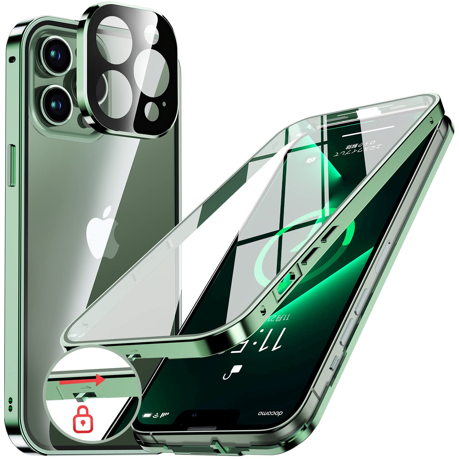 【送料無料】NIANGUO【ロック機能付き・自動ポップアップボタン】 iPhone13 Pro 用 ケース クリア 【両面強化ガラス】 9H硬度 【一体型レンズ保護】 アイフォン13プロ カバー アルミバンパー メタルフレーム 耐衝撃 傷防止 高感度タッチ 薄型 軽量 ワイヤレス充電対応 ス