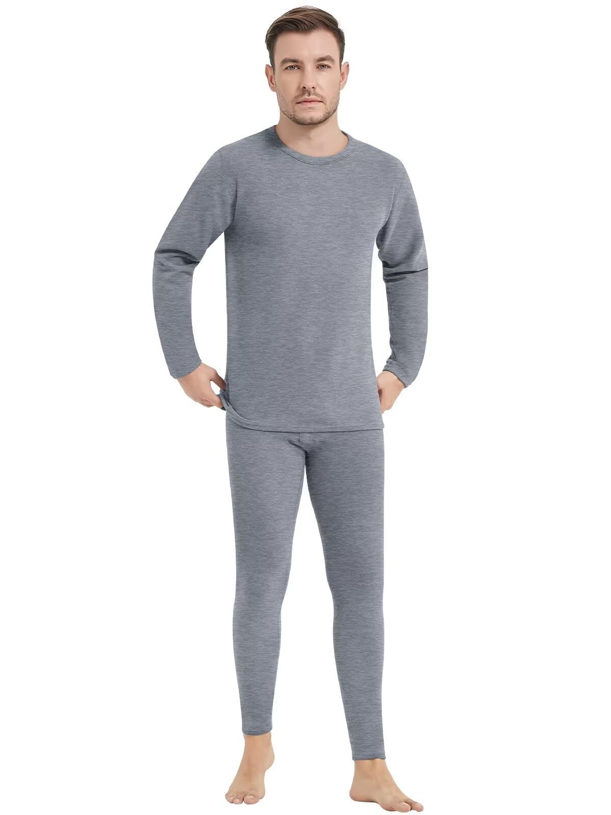 【送料無料】[Sillictor] 防寒インナー メンズ 上下セット 裏起毛 丸首 あったかインナー 上下 アンダーシャツ + 前開き ロングタイツ 保温 インナーウェア 【ウールとシルク入り】 冬用 YLM01-gr-XL（日本サイズM）
