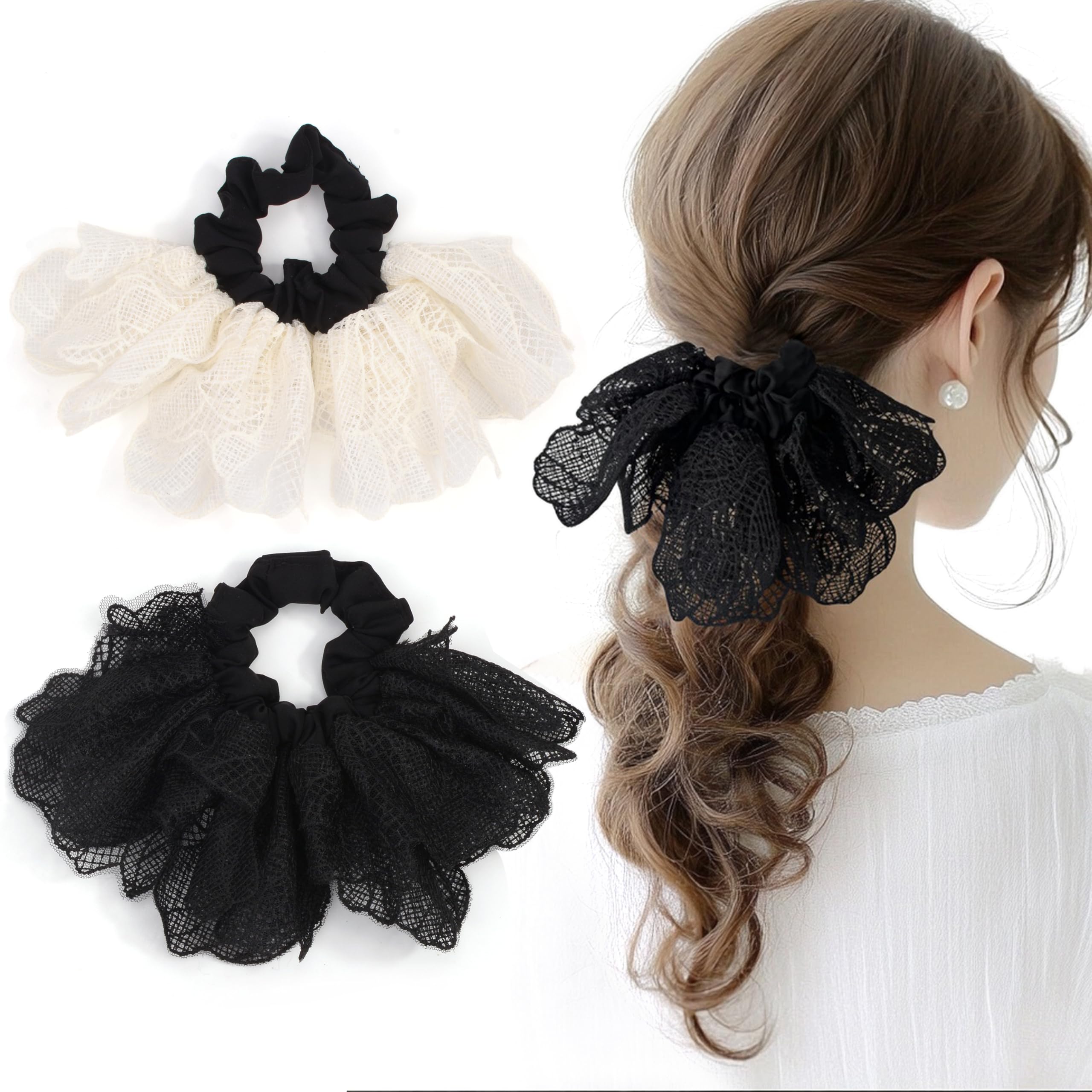 【送料無料】BIANHUAN シュシュ ヘアアクセサリー レディース ヘアゴム リボン レース ヘアアレンジ まとめ髪 2本セット 大きめ