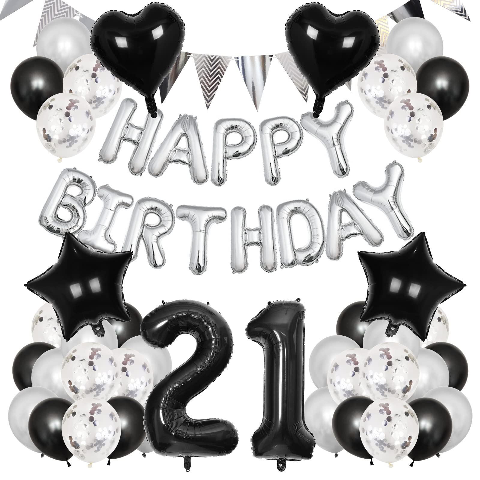 【送料無料】Lausatek 誕生日 バルーン 飾り付け 21歳 風船 セット バースデー happy birthday ガーランド 数字風船紙ふぶき入り 男の子 男性 パーティー サプライズ 空気入れ付き ブラック シルバー