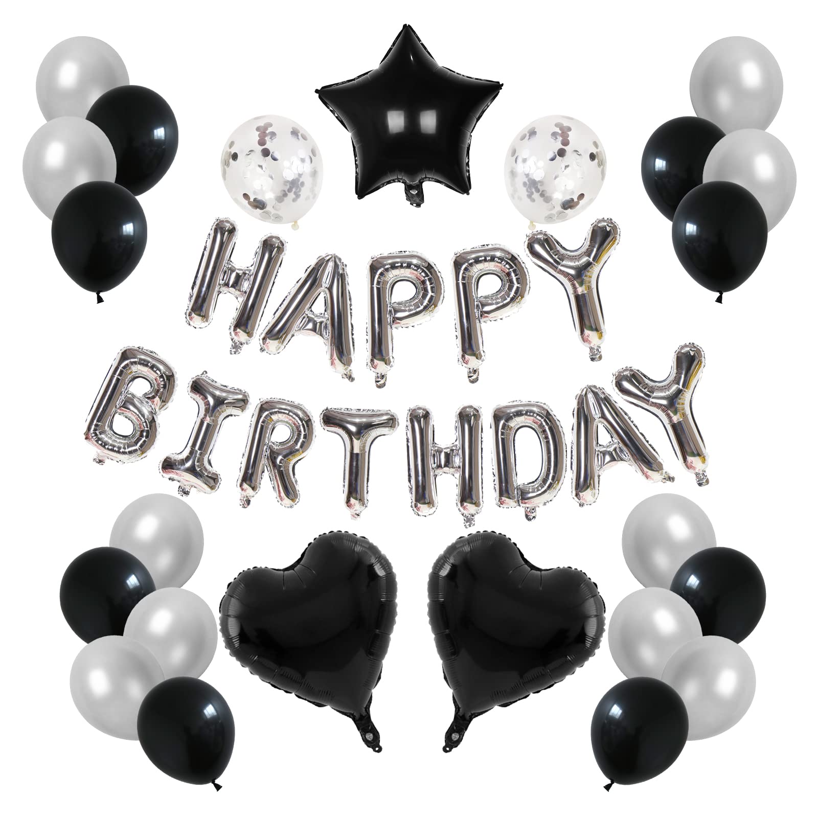 【送料無料】Lausatek 誕生日 バルーン 飾り付け 風船 ハッピー バースデー happy birthday ガーランド ハート風船 紙吹雪風船 装飾 お祝い サプライズ シルバー ブラック パーティーセット