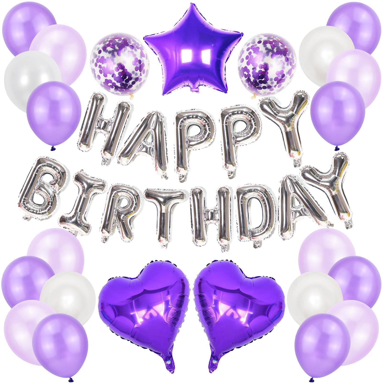 【送料無料】Lausatek 誕生日 バルーン 飾り付け 風船 ハッピー バースデー happy birthday ガーランド ハート風船 紙吹雪風船 装飾 お祝い サプライズ シルバー パープル パーティーセット