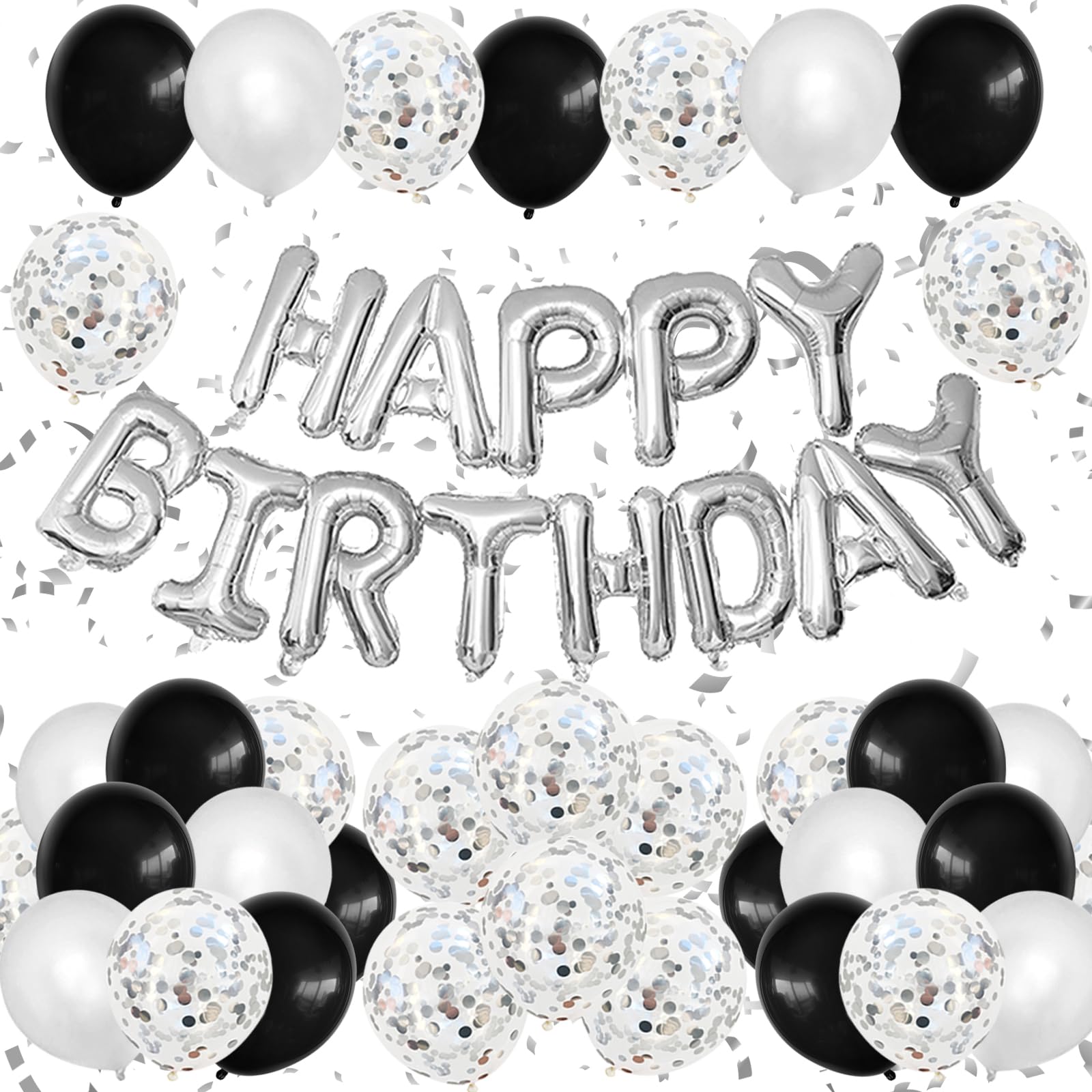 【送料無料】Lausatek バルーン 誕生日 風船セット 黒 銀 HAPPY BIRTHDAY バースデー 紙吹雪風船 きらきら コンフェッティ 飾り付け パーティー サプライズ お祝い 両面シール リボン付き ブラック シルバー