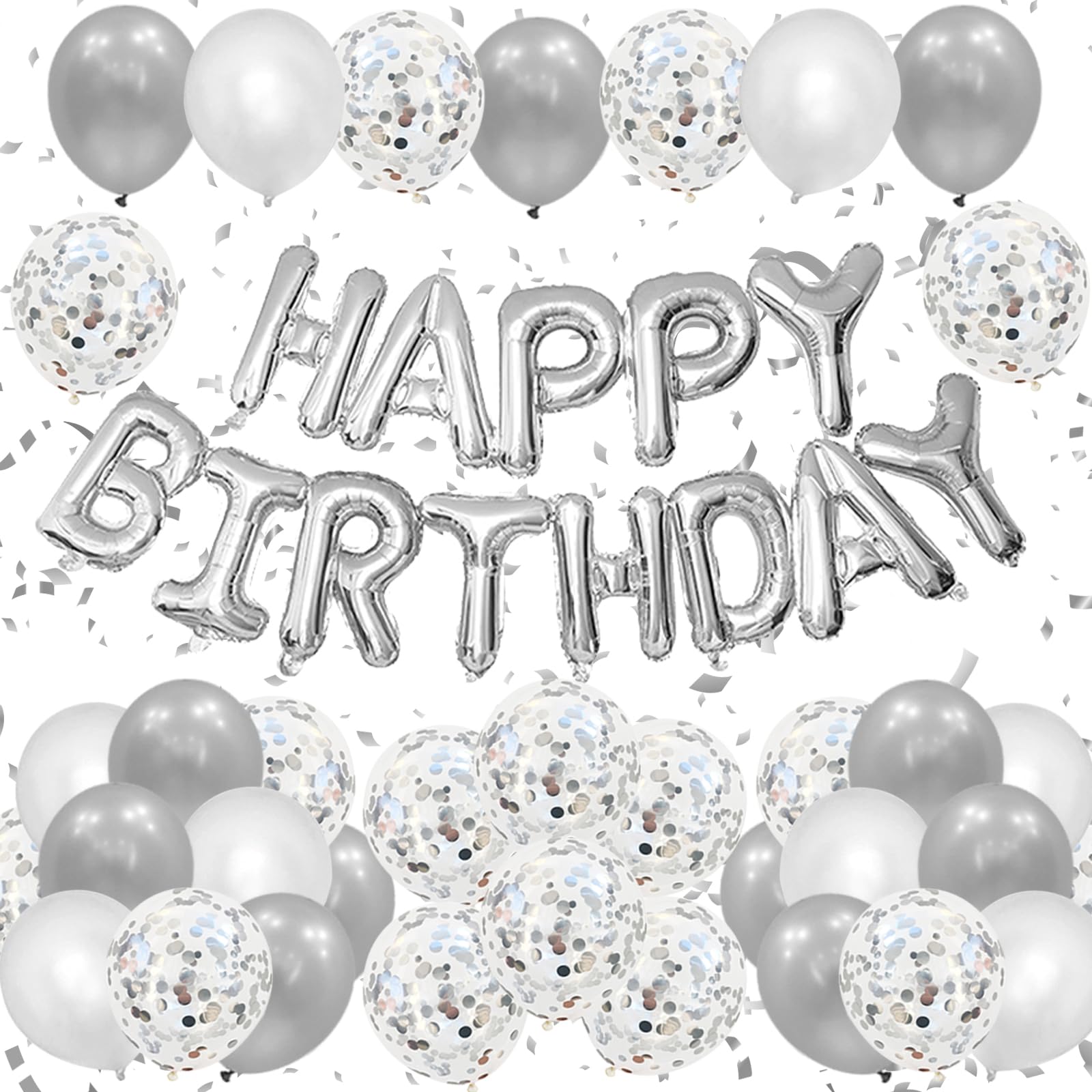 【送料無料】Lausatek バルーン 誕生日 風船セット 銀 HAPPY BIRTHDAY バースデー 紙吹雪風船 きらきら コンフェッティ 飾り付け パーティー サプライズ お祝い 両面シール リボン付き シルバー
