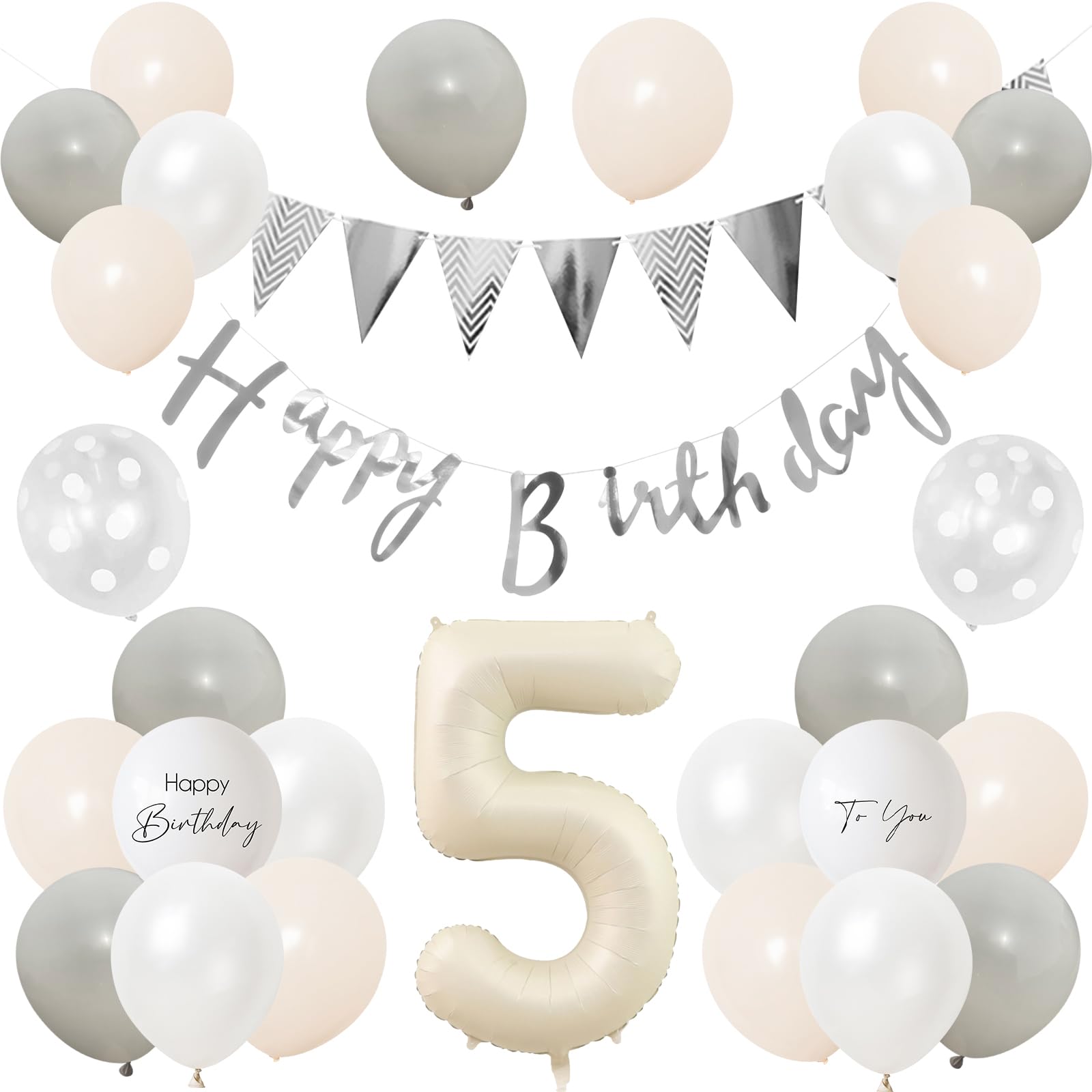 【送料無料】Lausatek バルーン 誕生日 5歳 風船セット HAPPY BIRTHDAY バースデー ガーランド バースデー 飾り付け 装飾 数字 サプライズ お祝い イベント 子ども 男の子 女の子 グレー ホワイト