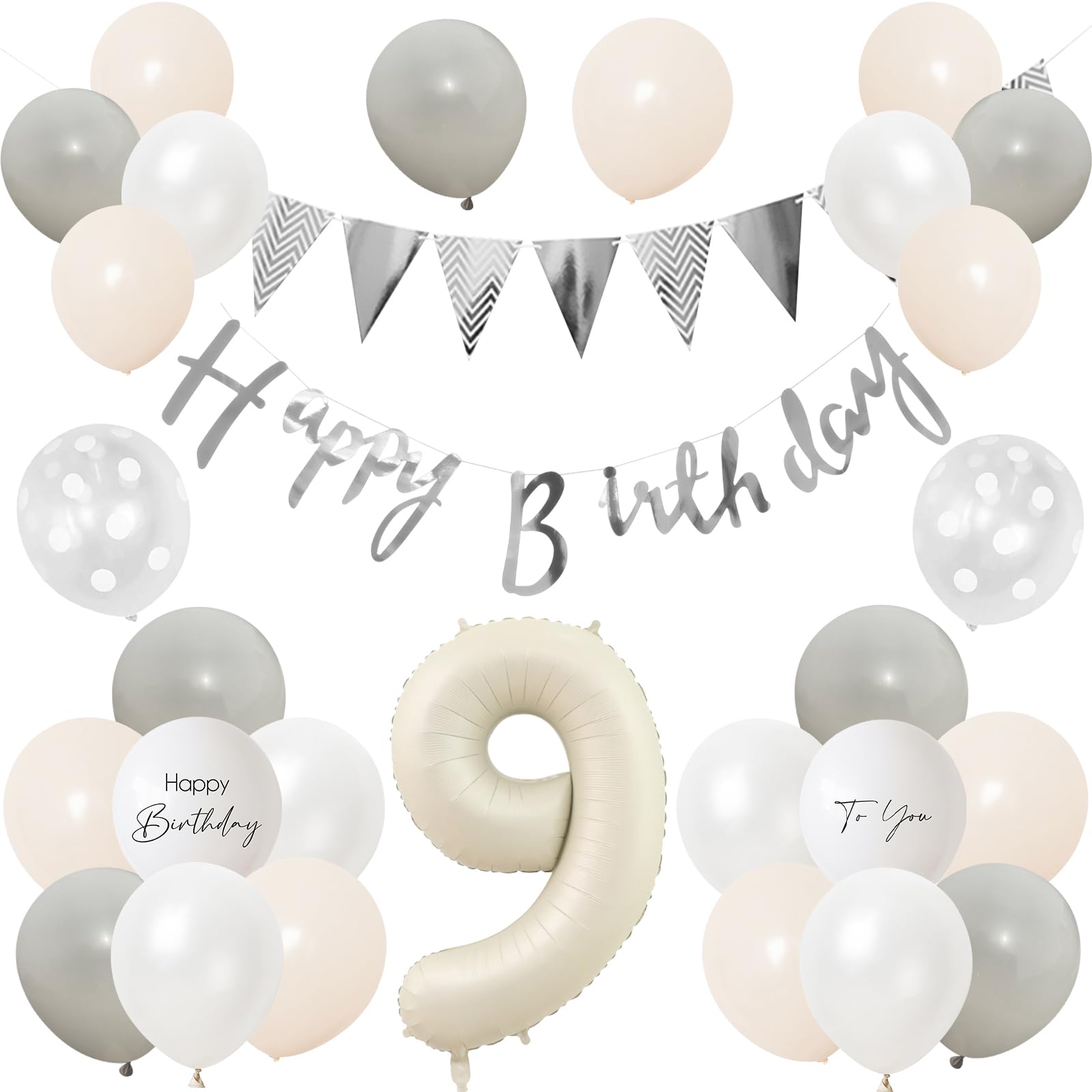 【送料無料】Lausatek バルーン 誕生日 9歳 風船セット HAPPY BIRTHDAY バースデー ガーランド バースデー 飾り付け 装飾 数字 サプライズ お祝い イベント 子ども 男の子 女の子 グレー ホワイト