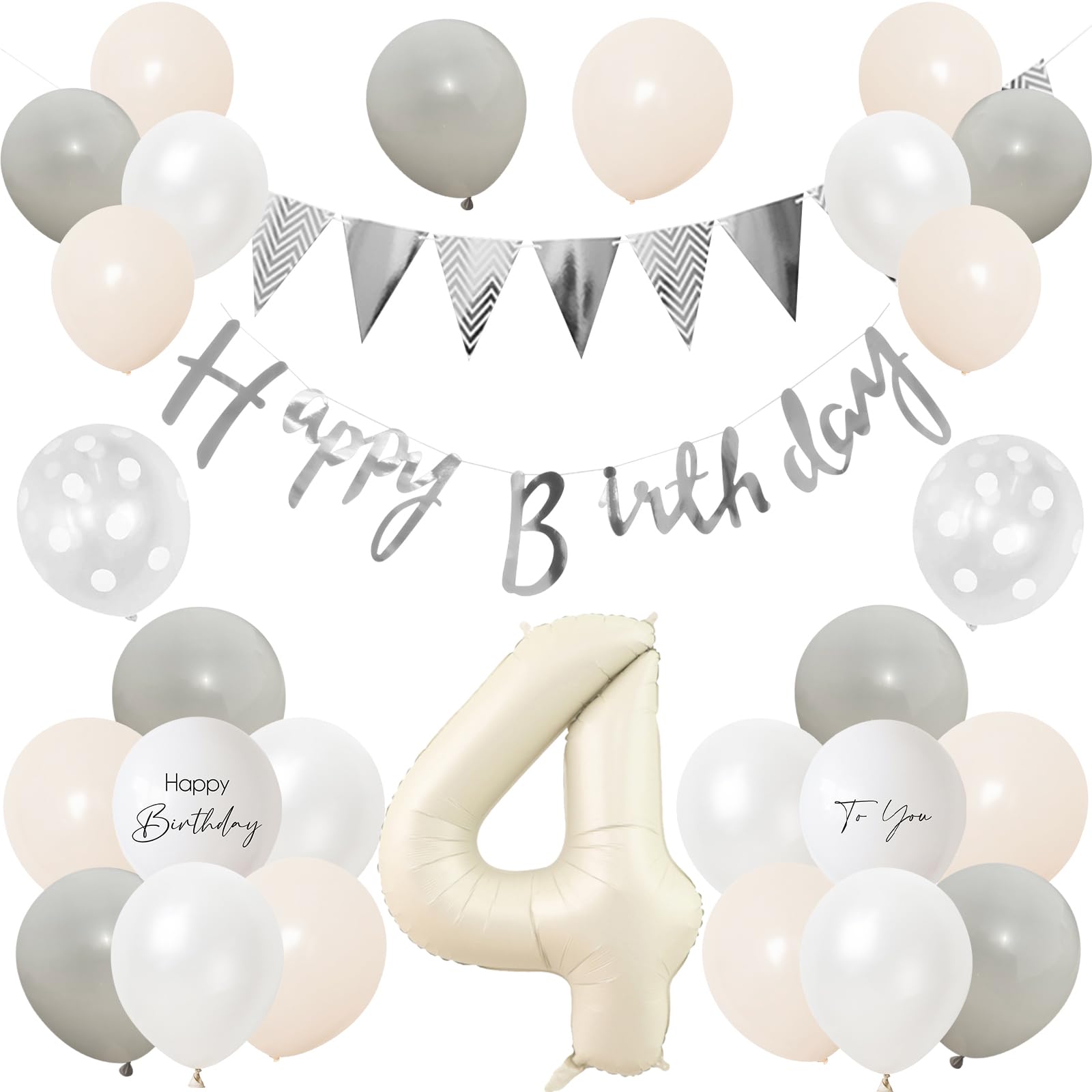【送料無料】Lausatek バルーン 誕生日 4歳 風船セット HAPPY BIRTHDAY バースデー ガーランド バースデー 飾り付け 装飾 数字 サプライズ お祝い イベント 子ども 男の子 女の子 グレー ホワイト