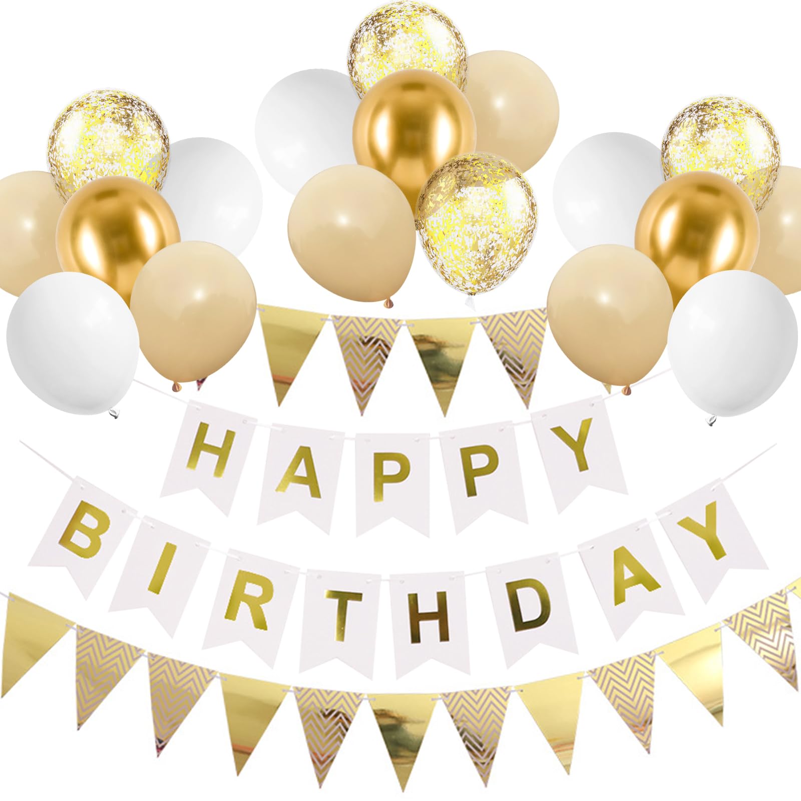 【送料無料】Lausatek バルーン 誕生日 風船セット HAPPY BIRTHDAY ガーランド フラッグ きらきら紙ふぶき入り 飾り 飾り付け 装飾 バースデー パーティー サプライズ お祝い イベント ゴールド ホワイト