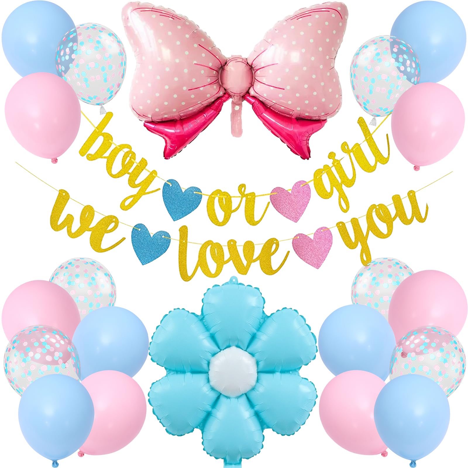 【送料無料】Lausatek ジェンダーリビール 風船 バルーン 赤ちゃん 性別発表 性別 サプライズ パーティー Boy or Girl ガーランド 蝶結び フラワー 飾り 紙吹雪 コンフェッティ 男の子 女の子