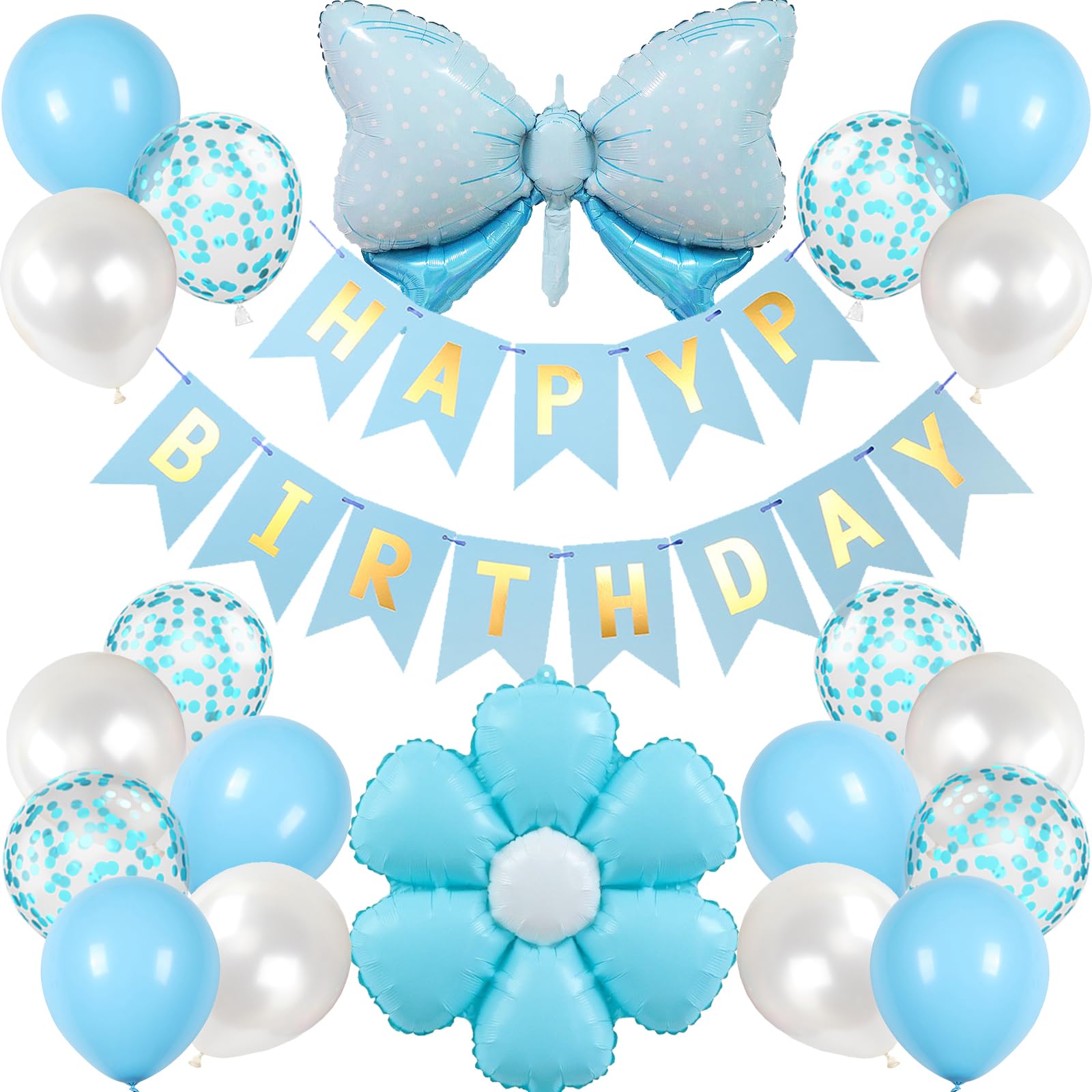 【送料無料】Lausatek バルーン 誕生日 風船セット 飾り付け HAPPY BIRTHDAY ガーランド 蝶結び フラワー 飾り バースデー サプライズ 記念日 お祝い 可愛い 青