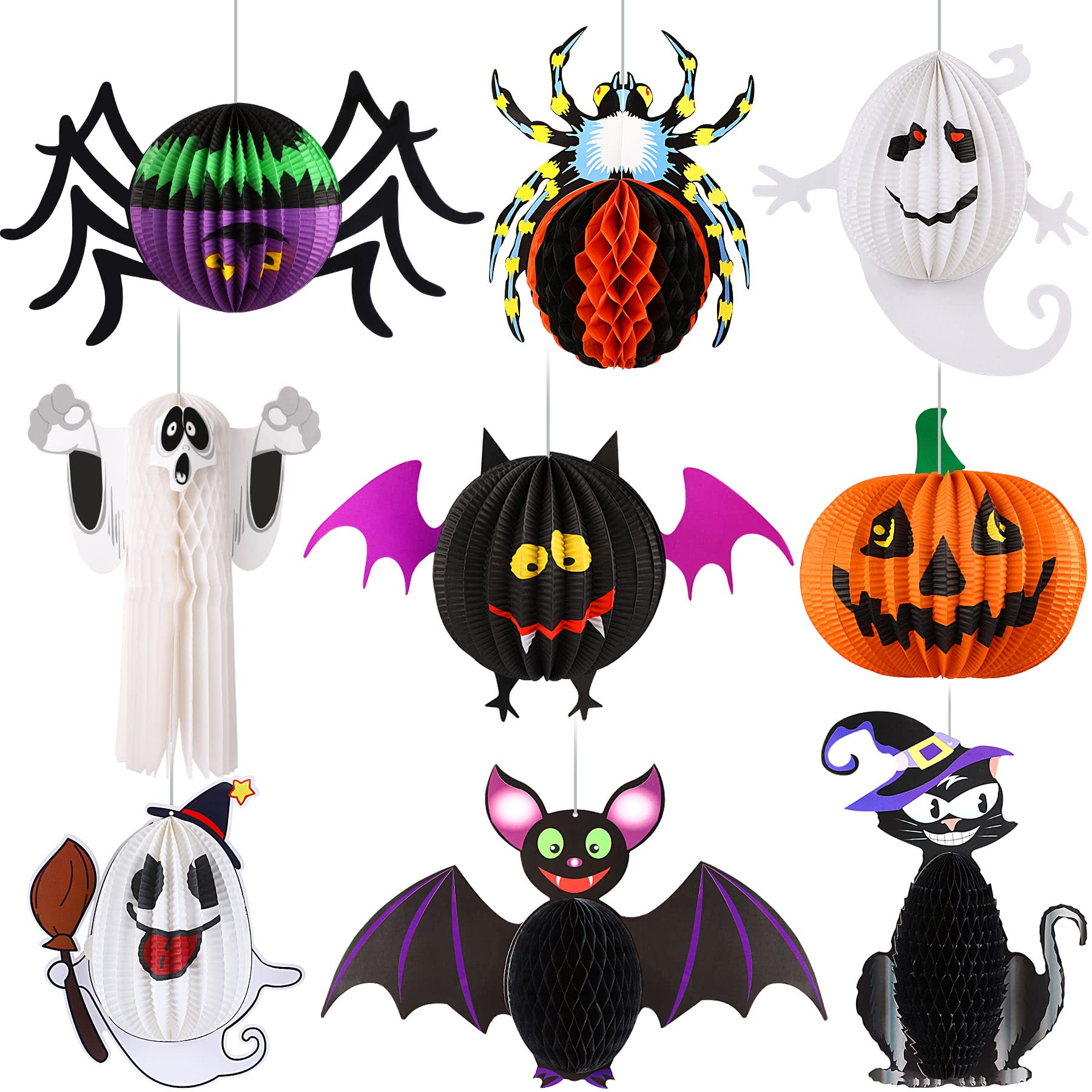 【送料無料】SANNIX ハロウィン 飾り 吊り下げ 9点セット パーティー 装飾セット 紙提灯 カボチャ ランタン 折りたたみ式 クロネコ 幽霊 ゴースト コウモリ 蜘蛛 お化け屋敷 装飾品 学園祭 イベントグッズ