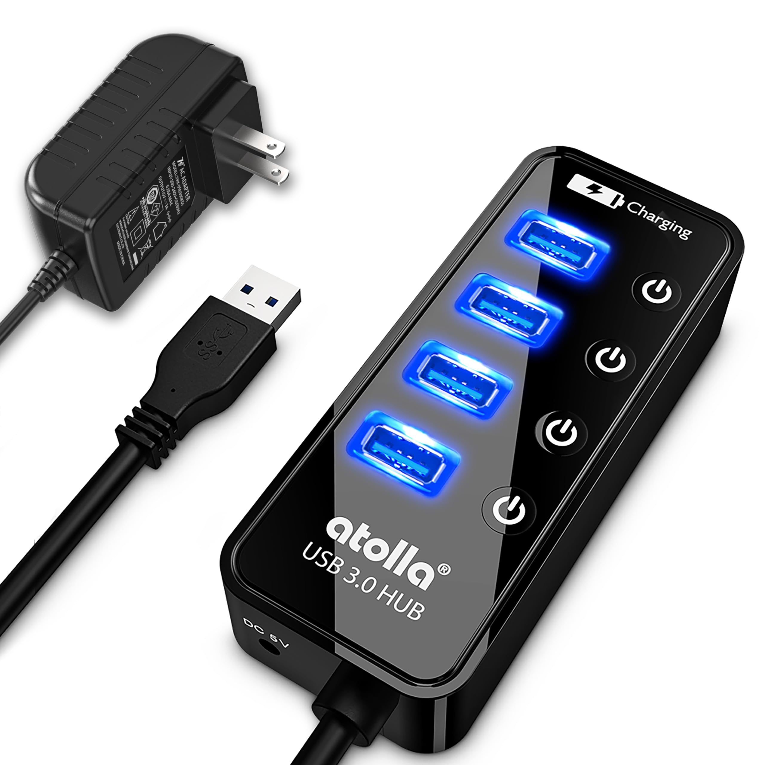 【送料無料】USB3.0ハブ 電源付き, atolla 4ポート高速USB3.0 の 拡張+ 1充電ポート USB Hub 独立スイッチ付 5V/3A ACアダプタ付き