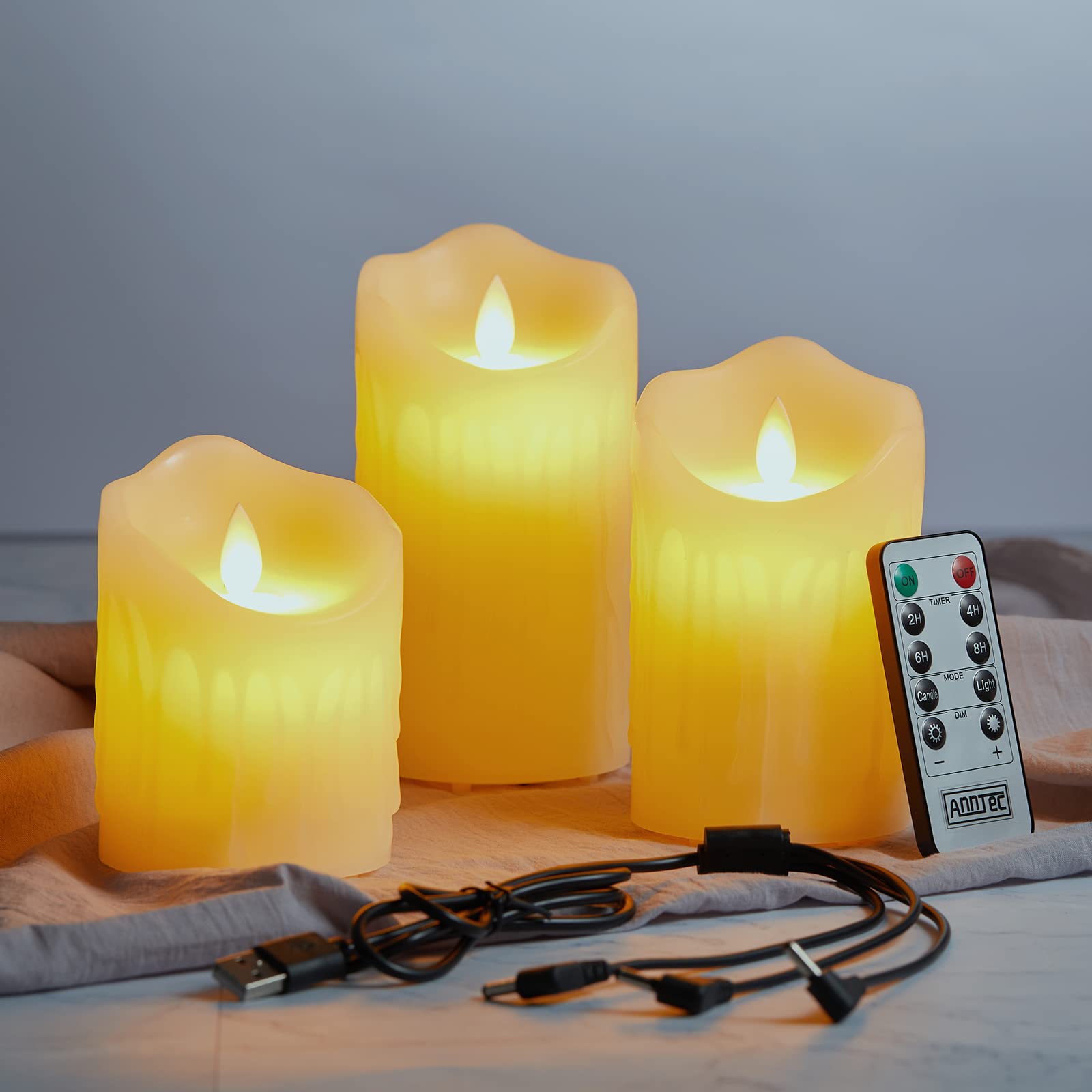 【送料無料】AnnTec LEDキャンドルライト USB充電式 【3点セット】 リモコン搭載 ロウソク 本物の炎のようにゆらめく 暖色光 火を使わない ゆらゆら揺れる パーティー 結婚式 誕生日 室内 室外飾り 安全 省エネ 専用リモコン付き 明るさ調整 LEDライト キャンドル led