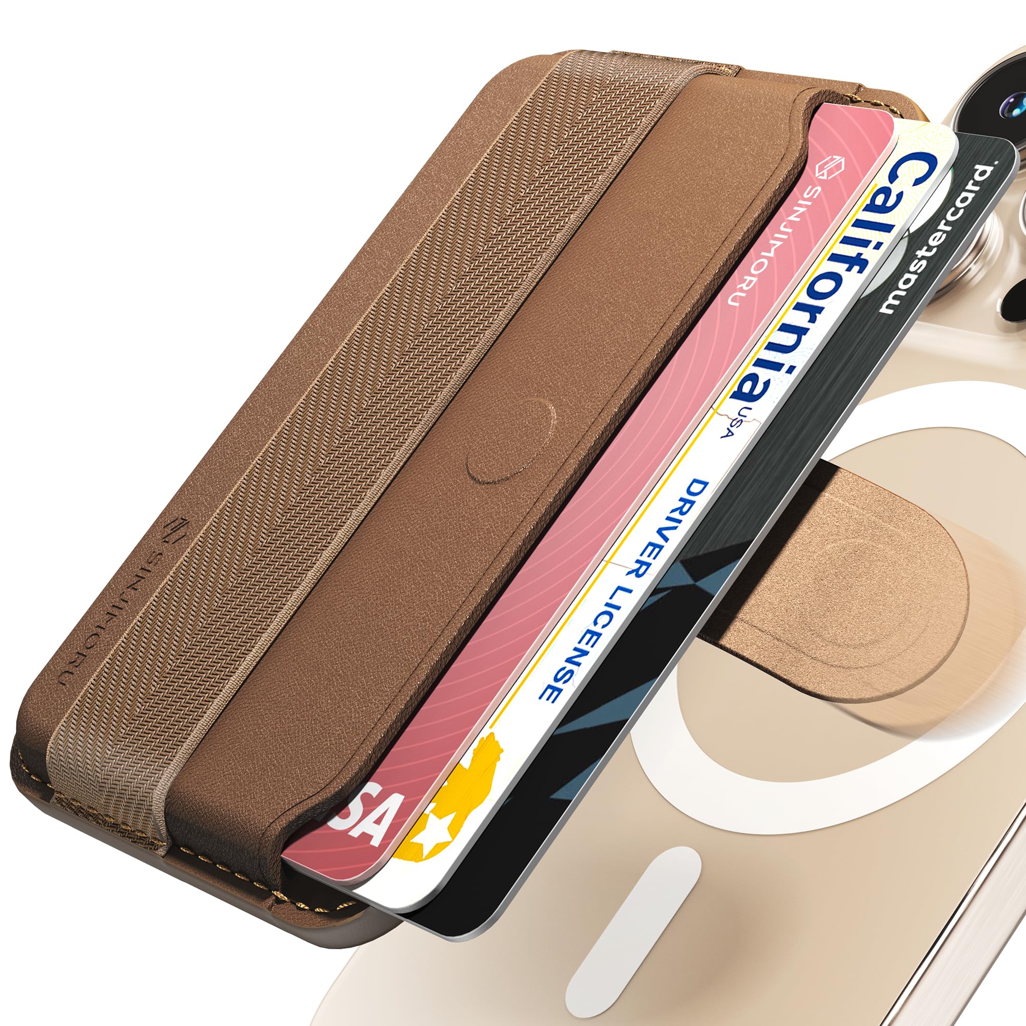 【送料無料】[Sinjimoru] プル & スライド magsafe対応 カードケース, フィンガーグリップ 付き, タプを引いて取り出す スマホカードケース, カード3枚収納 マグセーフ 財布, iPhone 16/15/14/13/12 シリーズ対応, M-Pull Tab Band ブラウン