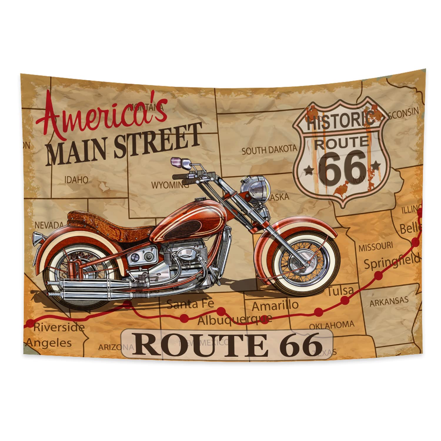 【送料無料】Qinunipoto タペストリー ルート66 route66 地図の柄 レトロなバイク アメリカン 米国 200..