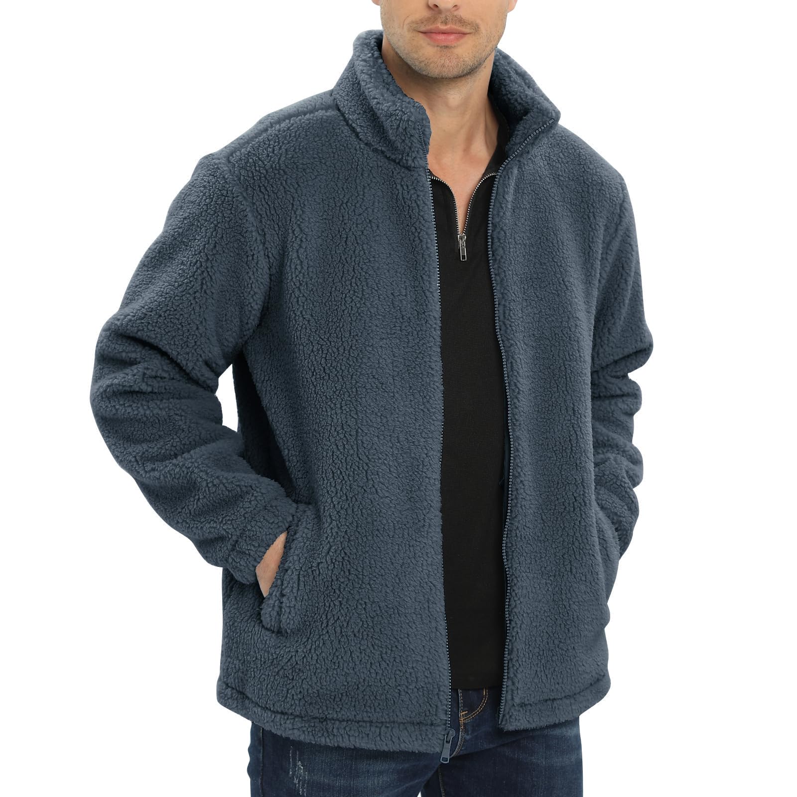 【送料無料】[KEFITEVD] ジャケット メンズ 秋冬 アブルゾン 大きいサイズ 冬服 フリースジャケット 防風 防寒 アウター 厚手 カジュアル 無地 暖かい ボアフリース 上着 ダークグレー L