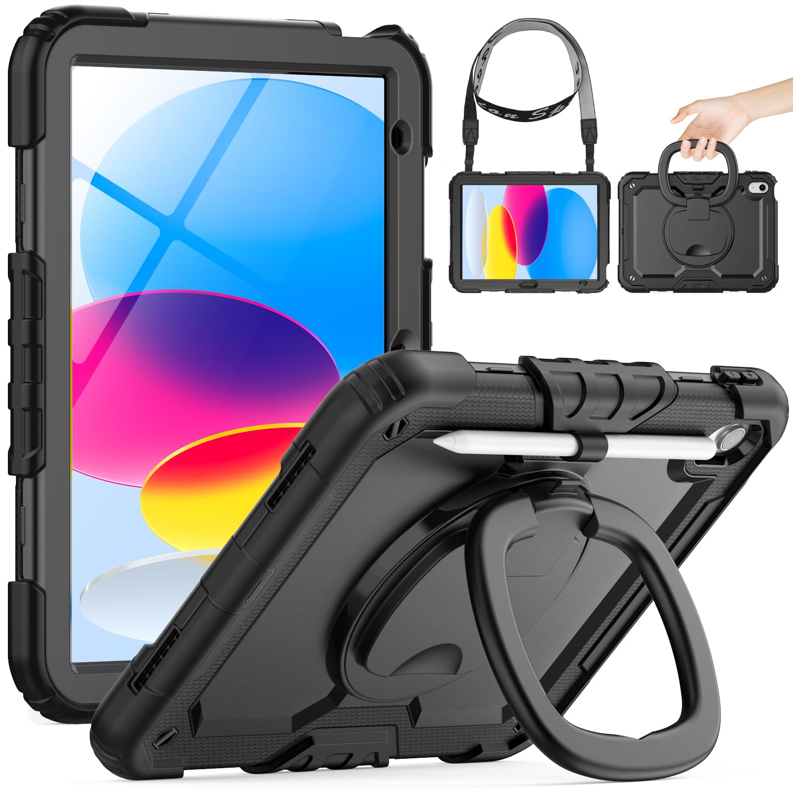 【送料無料】Timecity iPad (A16) 第11/10世代 ケース 2025新モデル 耐衝撃 iPad 10世代 (10.9インチ) / 11世代 (11インチ) カバー 360度回転リングスタンド 保護フィルム付き ペン収納 ショルダーストラップ付き 頑丈 傷防止 2025/2022 アイパット 第11/10世代 リングケ