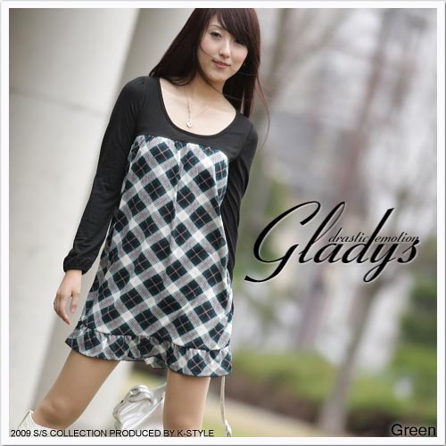 ☆Gladys☆無地切替チェック柄フリルワンピ(GL-1057)