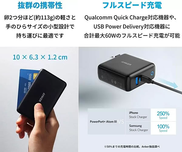 【送料無料】ANKER モバイルバッテリー＆充電器セット PowerCore III 5000 大容量 5000mAh コンパクト PowerPort Atom III (Two Ports) 充電器 スマートフォン スマホ タブレット iPhone iPad Android対応 アンカー