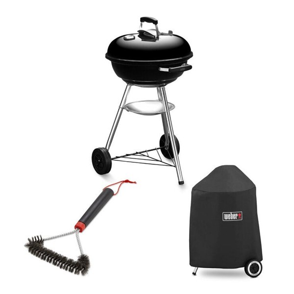 【送料無料】Weber コンパクトケトル チャコールグリル 47cm 温度計付 スーパースター ターセット クリーニングブラシ ＆ グリルカバー 付 ホーロー加工の蓋とボウルが熱を逃がしません。47cmの本体に、 掃除用ブラシと全天候型のカバーまで付いた始めやすい一式で す Weberの代表的なオリジナルケトルの底を浅くしたコンパクトタイ プ。 温度計のついたNewバージョンです。 コンパクトでありながらもWeberの技術が凝縮されており、 どんな食材も簡単にふっくらジューシーに焼きあがります。 ■商品の特長 ・バーベキューに必要な基本のアクセサリーのセット ・ウェーバー 47cm コンパクトケトルグリル ・クリーニングブラシ、グリルカバー付き ・ウェーバー 47cm コンパクトケトルグリル： ・エントリーモデル ・高い保温性 ・火加減を正確に調節 ・クリーニングブラシ： 焼き網を掃除するための必需品 ・グリルカバー： 汚れから守り、いつまでもグリルがキレイ ■仕様 ■ブランド：ウェーバー (Weber) ■カラー：ブラック ■メーカー型番：Weber Compact Kettle 47cm Super Starter Set ■本体サイズ（蓋閉）：幅53.1 × 奥行54.1 × 高さ87.9 cm ■ボウル直径：47cm ■本体重量：約9.2kg ■燃料：チャコール（炭） ■ボウル・蓋：ホーロー加工（保温性が高く、一定の温度で均一に 　 調理できます） ■焼網：クロムメッキ加工 ■温度計：蓋に内蔵 ■装備：ダンパーによる温度調整／アルミ製灰受け／ヒートシール 　 ド／ガラス強化ナイロン製ハンドル／全天候型ホイール ■付属品：クリーニングブラシ（18 × 2.5 × 30.5 　 cm）／グリルカバー（51 × 52 × 82.5 cm・防水） ■組立：お客様組み立て（目安30分程度） ■用途：屋外専用 ■配送についての注意点 【取引先業者より発送】 こちらの商品は、取引先業者指定による配送会社にて配送致します。 ご注文日より通常5日から14日でお届け致します（一部エリアを除 　く）。 また、交通状況および天候など、その他の理由により一部地域での 　お荷物のお届けが遅延する場合がございます。配送の対象地域は 　日本国内のみとなっております。 指定配送会社により一部地域(離島を含む)への配送をお受け致しか 　ねます。 ※ゴールデンウイーク・お正月・お盆などの大型連休期間は、配送 　業者の都合上通常よりも配送にお時間を頂く場合がございます。 　ご不便をおかけし大変申し訳ございませんが、何卒ご理解いただ 　くようお願いいたします。 【この商品の配送について】 ※お客様組み立ての商品です。組立の目安は30分程度です。 ※屋外専用です。 ※セット内容は 47cm コンパクトケトルグリル本体・クリーニング 　ブラシ・グリルカバーの3点です。炭・着火剤は付属しません。 ※商品のお届け日時につきましては、配送担当者より 　 事前にご連絡いたします。（商品によって異なります） ※大型・重量物の商品は玄関先でのお渡しとなります。 　 設置や組み立て、吊り上げなどの特殊搬入をご希望の 　 場合は、配送担当者へご相談ください。 　 また、作業料金は現地にてお支払いいただきます。 ※本商品は屋外専用です。屋内・テント内・車内では 　 絶対にご使用にならないでください。 　 一酸化炭素中毒の危険があります。 ※ガス機器はガス種の適合を必ずご確認ください。 　 13A都市ガス専用機はプロパンガス（LPガス）では、 　 LPガス専用機は都市ガスではご使用いただけません。 ※LPガス機器のガスボンベ（タンク）は付属しておりません。 　 容器の入手・ガスの充填・本体への接続作業は、 　 お近くのLPガス販売会社へご依頼ください。 ※多くの商品はお客様組み立てです。 　 組立の要否と目安時間は商品ページの仕様を 　 ご確認ください。 ※調理中は本体・蓋・煙突・鉄板が高温になります。 　 可燃物から十分に離してご使用いただき、 　 お子様・ペットが近づかないようご注意ください。 ※煙とにおいが出ます。設置場所は近隣との距離と 　 風向きをご確認のうえお決めください。 ※炭・ペレット・ガス缶などの燃料は、湿気と直射日光を 　 避けて保管してください。ガス缶は40℃を超える場所・ 　 車内に放置しないでください。 ※使用後の炭は完全に消火し、冷めてから廃棄して 　 ください。 ※鉄・鋳鉄・鉄板を使用した商品は、使用後に油をひいて 　 保管してください。放置すると錆びます。 ※ステンレス・アルミ・樹脂を使用した商品は、 　 ロットにより色味や質感が異なる場合があります。 　 画面上の色と実物の色は同一ではありません。 【ご注意】 ■こちらの商品はメーカー又は仕入先へ直送依頼する 　 受注発注商品となります。 　 注文確定後のキャンセルはお受けできませんので、 　 ご注文の際はお気を付けください。 ■発送まで通常より多くの日数を要します。 　 到着日時の指定はできません。 ■突然の欠品・終売、入荷時期による仕様の変更等が 　 ある場合がございます。 ■沖縄・離島・北海道への発送は行っておりません。 ■既存のBBQコンロ・不要物の解体や引き取りは 　 行っておりません。 ■ガス栓の設置工事・ガス機器の接続工事は 　 承っておりません。 ■商品パッケージに汚れ・スレ等がある場合がございます。 　 これらの点、予めご了承のうえご検討お願いします。 もちろん新品未使用品！ この機会をお見逃しなく！