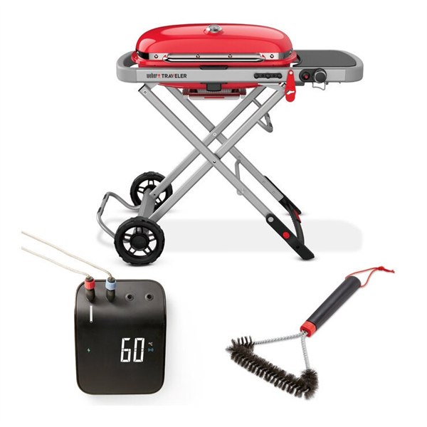 【送料無料】Weber Traveler トラベラー ポータブルガスグリル 限定色レッド Weber Connect スマートグリルハブ ＆ クリーニングブラシ付 片手のレバーで立ち上がり、折りたためば長さ110cm。SUVの荷 室に収まるガスグリルに、焼き加減を教えてくれるスマートグ リルハブが付きます Weber Traveler ポータブルガスグリルは、屋外でもおいしいグリ ル料理を楽しみたい人に最適です。頑丈かつコンパクトなデザイン に、設置も収納も簡単に行える新機構を搭載。キャンプやピクニッ ク、ちょっとした屋外パーティなど様々な環境に簡単に移動させて すぐに使用できる、「旅するグリル」です。 ■商品の特長 ・バーベキューに必要な基本のアクセサリー付きのセット ・限定色「レッド」のウェーバー トラベラー ガスグリル ・長さ110 cm（折りたたみ時）。多くのSUV車のトランクにフィッ 　ト ・片手で操作可能なガススプリング式昇降装置 ・折りたたみ時に本体を立てて保管することが可能 ・準備から焼きあがりまで、ステップバイステップで教えてくれる 　機能が付いたマートグリルハブとクリーニングブラシ付属 ■仕様 ■ブランド：ウェーバー (Weber) ■カラー：レッド ■メーカー型番：Weber Traveler 9010013 ■本体サイズ（ふた開）：幅110.7 × 奥行66 × 高さ127 cm ■本体サイズ（ふた閉）：幅110.7 × 奥行58.4 × 高さ94.5 cm ■本体サイズ（折りたたみ時）：幅103 × 奥行58.4 × 高さ35.1 　 cm ■本体重量：22.2kg ■調理エリア：2,065cm2（縦34.7 × 横64.2 cm） ■バーナー熱量：メインバーナー 3.8 kW/h ■ガス種：液化石油ガス（別売りの使い捨てカートリッジ） ■焼網：ホーロー加工された鋳鉄製 ■装備：ガススプリング式昇降装置（片手操作）／ふた内蔵型温度 　 計／取り外し可能なオイルキャッチパン／グリル部一体型サイ 　 ドテーブル／圧電式点火装置（乾電池不要）／全天候型ホイー 　 ル ■付属品：Weber Connect スマートグリルハブ（9.8 × 3.4 × 　 7.5 cm）／クリーニングブラシ（18 × 2.5 × 30.5 cm） ■用途：屋外専用 ■配送についての注意点 【取引先業者より発送】 こちらの商品は、取引先業者指定による配送会社にて配送致します。 ご注文日より通常5日から14日でお届け致します（一部エリアを除 　く）。 また、交通状況および天候など、その他の理由により一部地域での 　お荷物のお届けが遅延する場合がございます。配送の対象地域は 　日本国内のみとなっております。 指定配送会社により一部地域(離島を含む)への配送をお受け致しか 　ねます。 ※ゴールデンウイーク・お正月・お盆などの大型連休期間は、配送 　業者の都合上通常よりも配送にお時間を頂く場合がございます。 　ご不便をおかけし大変申し訳ございませんが、何卒ご理解いただ 　くようお願いいたします。 【この商品の配送について】 ※本体約22.2kg でのお届けです。 ※LPガス（別売りの使い捨てカートリッジ）専用です。ガス缶は付 　属しません。当店で取り扱っている Weber ポータブルガスタン 　ク 12個セットをあわせてご検討ください。 ※屋外専用です。 ※Weber Connect スマートグリルハブの利用にはスマートフォンと 　 Wi-Fi 環境が必要です。 ※商品のお届け日時につきましては、配送担当者より 　 事前にご連絡いたします。（商品によって異なります） ※大型・重量物の商品は玄関先でのお渡しとなります。 　 設置や組み立て、吊り上げなどの特殊搬入をご希望の 　 場合は、配送担当者へご相談ください。 　 また、作業料金は現地にてお支払いいただきます。 ※本商品は屋外専用です。屋内・テント内・車内では 　 絶対にご使用にならないでください。 　 一酸化炭素中毒の危険があります。 ※ガス機器はガス種の適合を必ずご確認ください。 　 13A都市ガス専用機はプロパンガス（LPガス）では、 　 LPガス専用機は都市ガスではご使用いただけません。 ※LPガス機器のガスボンベ（タンク）は付属しておりません。 　 容器の入手・ガスの充填・本体への接続作業は、 　 お近くのLPガス販売会社へご依頼ください。 ※多くの商品はお客様組み立てです。 　 組立の要否と目安時間は商品ページの仕様を 　 ご確認ください。 ※調理中は本体・蓋・煙突・鉄板が高温になります。 　 可燃物から十分に離してご使用いただき、 　 お子様・ペットが近づかないようご注意ください。 ※煙とにおいが出ます。設置場所は近隣との距離と 　 風向きをご確認のうえお決めください。 ※炭・ペレット・ガス缶などの燃料は、湿気と直射日光を 　 避けて保管してください。ガス缶は40℃を超える場所・ 　 車内に放置しないでください。 ※使用後の炭は完全に消火し、冷めてから廃棄して 　 ください。 ※鉄・鋳鉄・鉄板を使用した商品は、使用後に油をひいて 　 保管してください。放置すると錆びます。 ※ステンレス・アルミ・樹脂を使用した商品は、 　 ロットにより色味や質感が異なる場合があります。 　 画面上の色と実物の色は同一ではありません。 【ご注意】 ■こちらの商品はメーカー又は仕入先へ直送依頼する 　 受注発注商品となります。 　 注文確定後のキャンセルはお受けできませんので、 　 ご注文の際はお気を付けください。 ■発送まで通常より多くの日数を要します。 　 到着日時の指定はできません。 ■突然の欠品・終売、入荷時期による仕様の変更等が 　 ある場合がございます。 ■沖縄・離島・北海道への発送は行っておりません。 ■既存のBBQコンロ・不要物の解体や引き取りは 　 行っておりません。 ■ガス栓の設置工事・ガス機器の接続工事は 　 承っておりません。 ■商品パッケージに汚れ・スレ等がある場合がございます。 　 これらの点、予めご了承のうえご検討お願いします。 もちろん新品未使用品！ この機会をお見逃しなく！