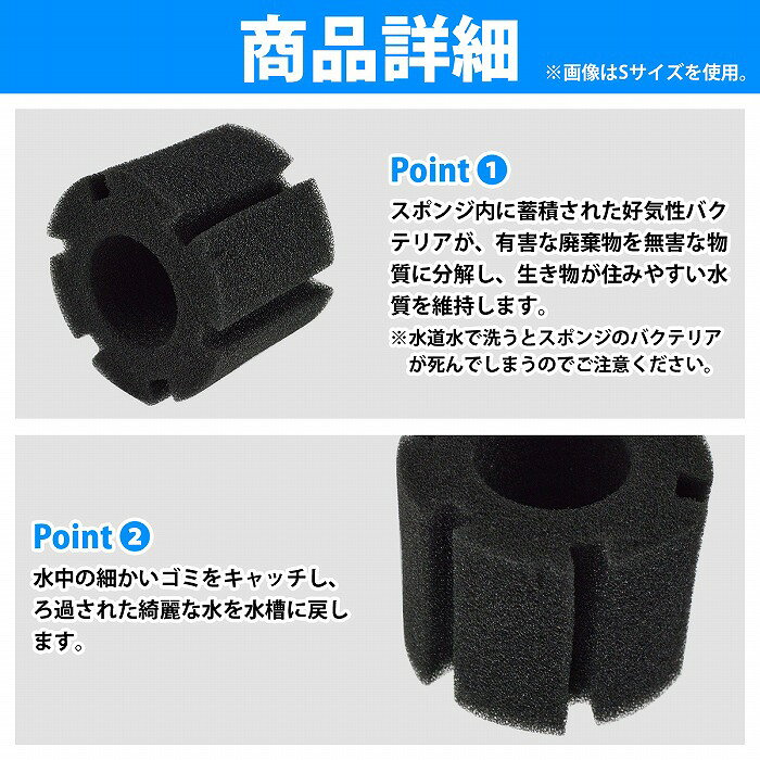 WIDE RANGEの『Mサイズ』 10個 スポンジフィルター 交換用 円柱 スポンジ 金魚 メダカ 水槽 濾過 ろ過 高さ6.5cm 直径7cm 穴径3cm｜アングル3