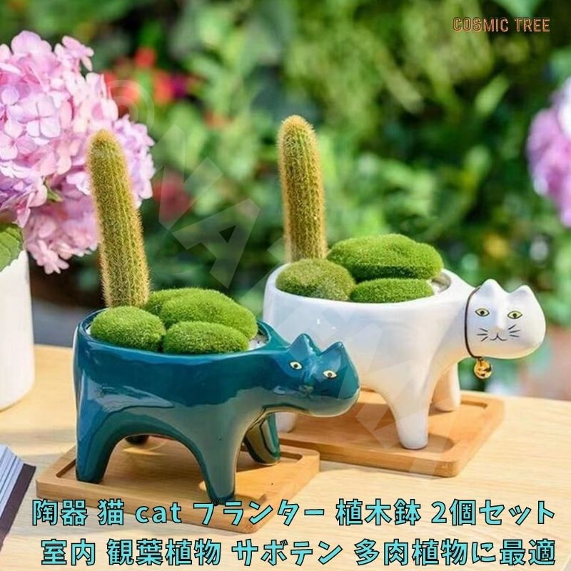 猫 ねこ 鉢 陶器 植木鉢 プランター 2個セット 手のひらサイズ インドアグリーン 室内 苔 観葉植物 多肉植物に最適のサムネイル