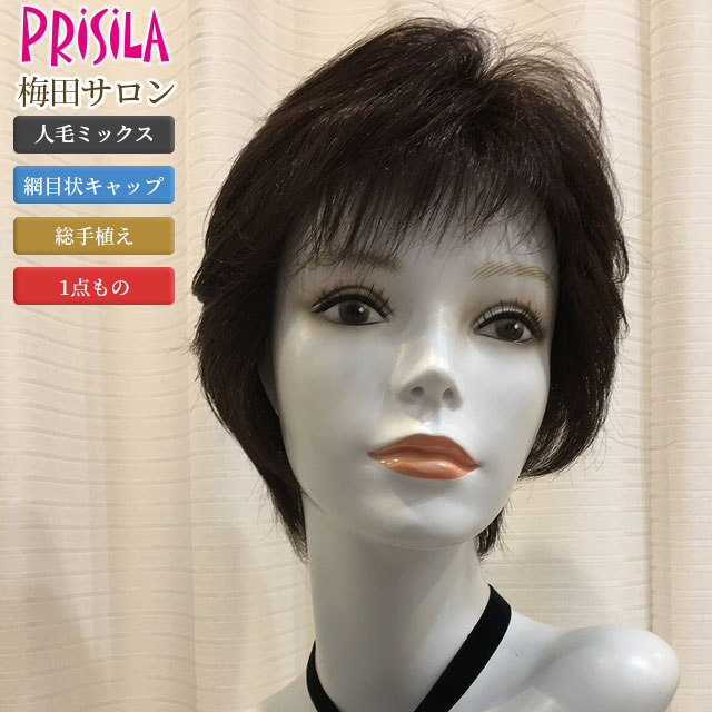 【5%OFFクーポン対象】送料無料 【プリシラ梅田サロン×WIGLAND限定カットスタイル】ショート 人毛ミックス ナチュラルブラック(WL-022 BBK)/医療用にも最適 総手植えフルウィッグ/オールウィッグ/一点もの/