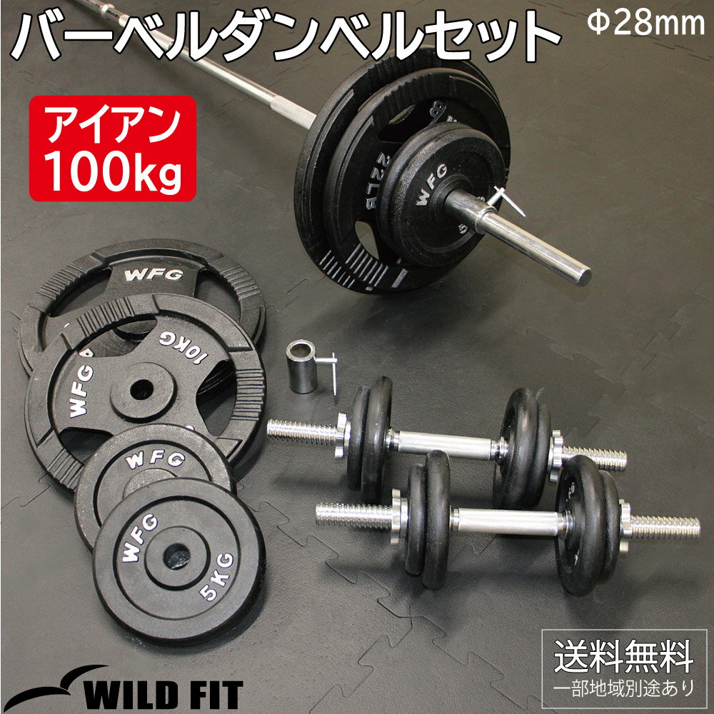 【4月15日入荷予定】アイアンバーベルダンベルセット 100kg【送料無料】 筋トレ ダンベル バーベルセット 可変式 トレーニング器具 ベンチプレス 鉄アレイ [WILD FIT ワイルドフィット]