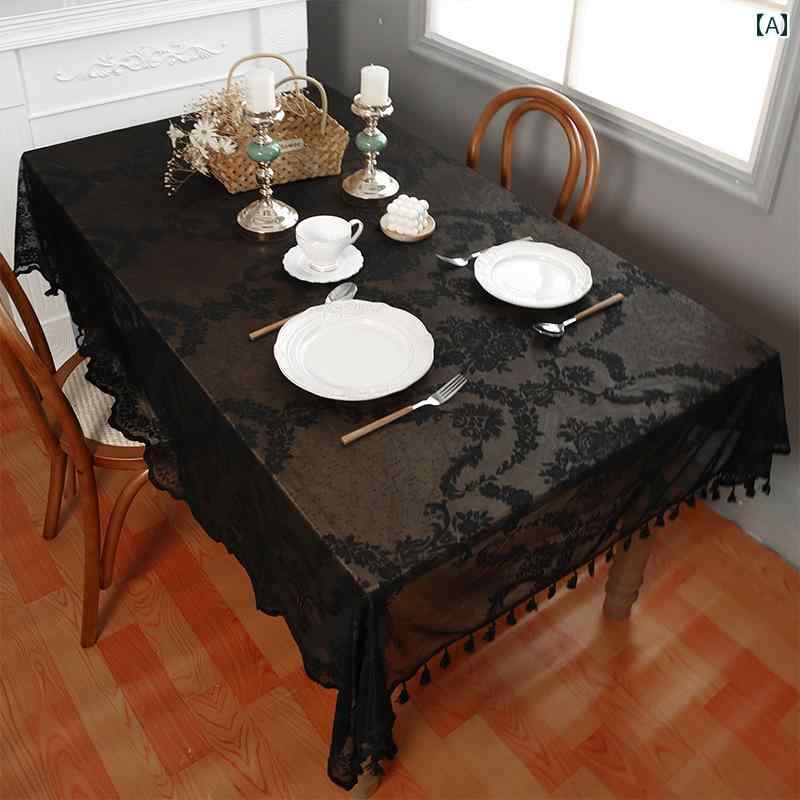 テーブルクロス ロング 大きめ スクエア 装飾 ホテル レストラン ダイニング 食卓 家庭用 レース タッセル 刺繡 花柄 おしゃれ 黒 白