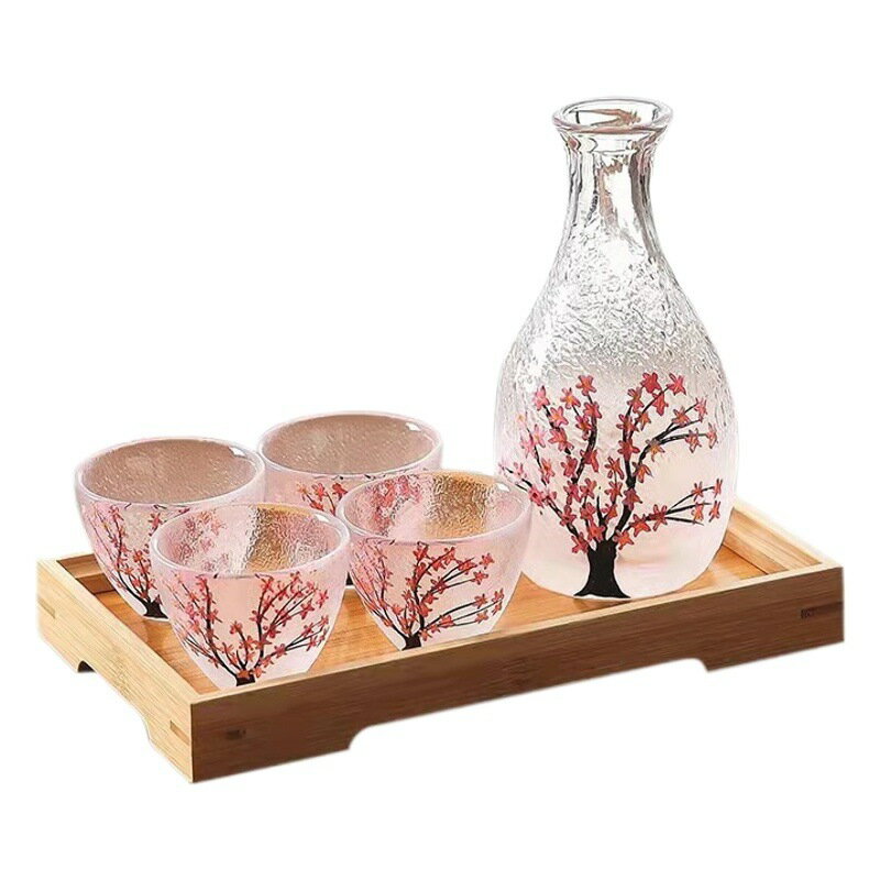 乐天商城 - 和式ビンテージな清酒の壺、梅柄の清酒杯、温酒器、酒器、手描きの花柄ガラスの清酒の壺セット