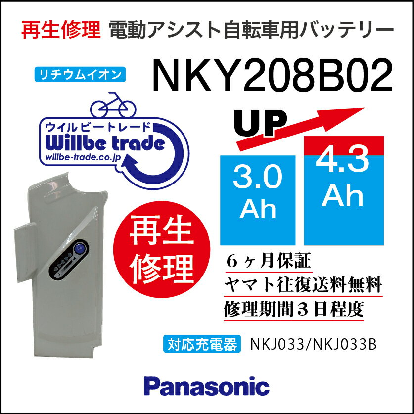 楽天電動自転車バッテリー再生・修理店【PANASONIC/パナソニック　電動自転車バッテリー　NKY208B02（3.0→5.2Ah）電池交換、往復送料無料、6か月保証、無料ケース洗浄】